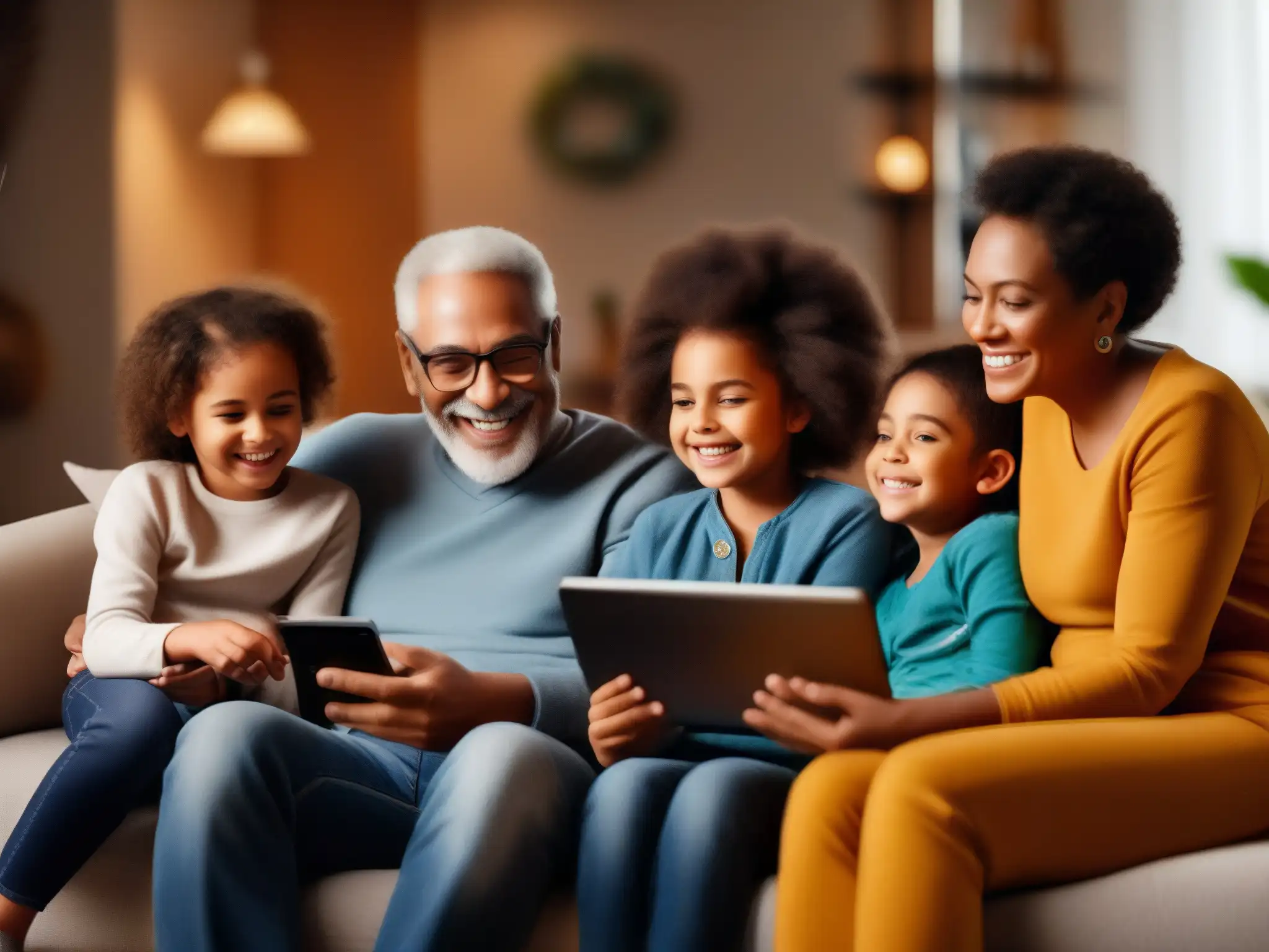 Encuentro familiar virtual lleno de conexión y alegría Una familia disfruta de una videoconferencia con sus abuelos