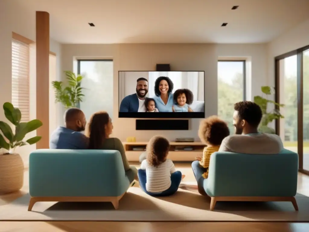Videoconferencia familiar: enseñando seguridad en línea Una familia participa en una videoconferencia desde su acogedora sala, enseñando a sus hijos sobre la seguridad en videoconferencias familiares