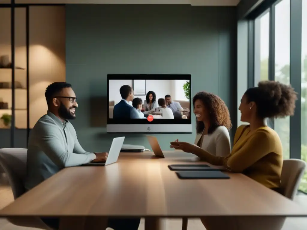 Conferencia familiar moderna: unidos a través de la tecnología Una familia en una videoconferencia, adaptabilidad y conexión en un ambiente moderno