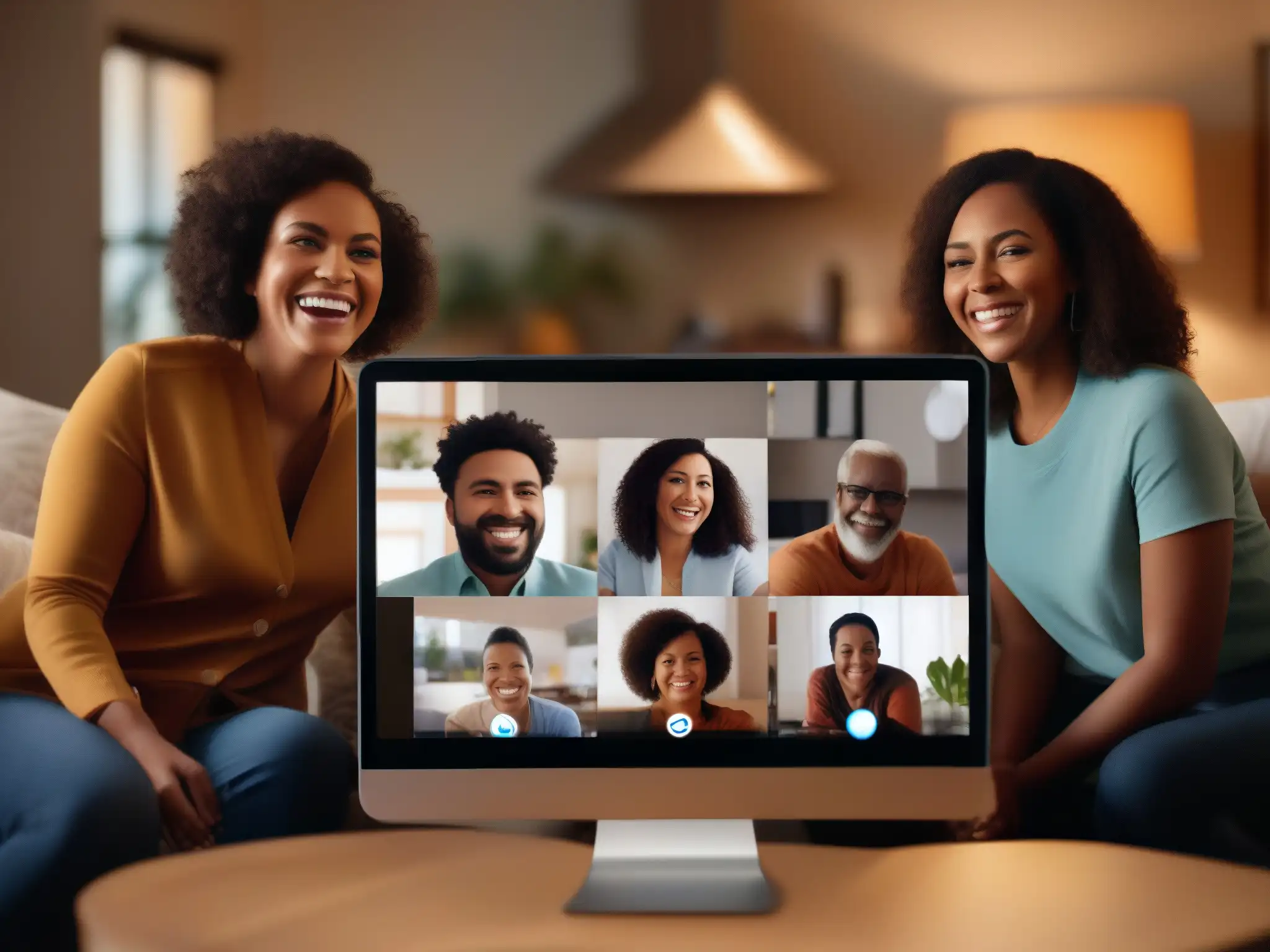 Emotiva videoconferencia familiar, uniendo corazones a distancia Una familia disfruta de una videoconferencia familiar unen kilómetros, expresando alegría y amor en una acogedora sala iluminada