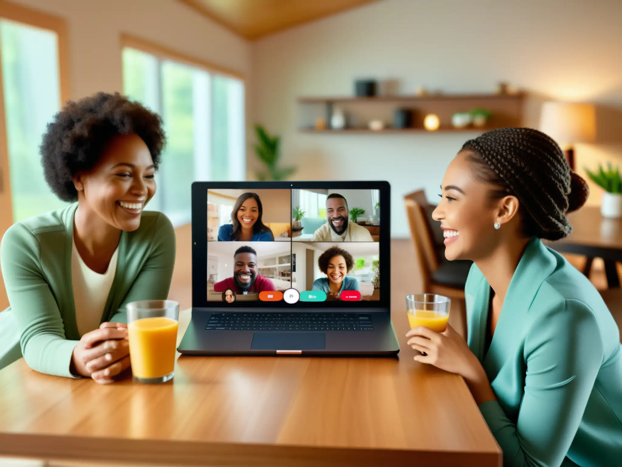 Reunión familiar virtual llena de sonrisas y conexión Una familia sonríe y se conecta en una videoconferencia, resaltando la importancia de la conectividad en videoconferencias