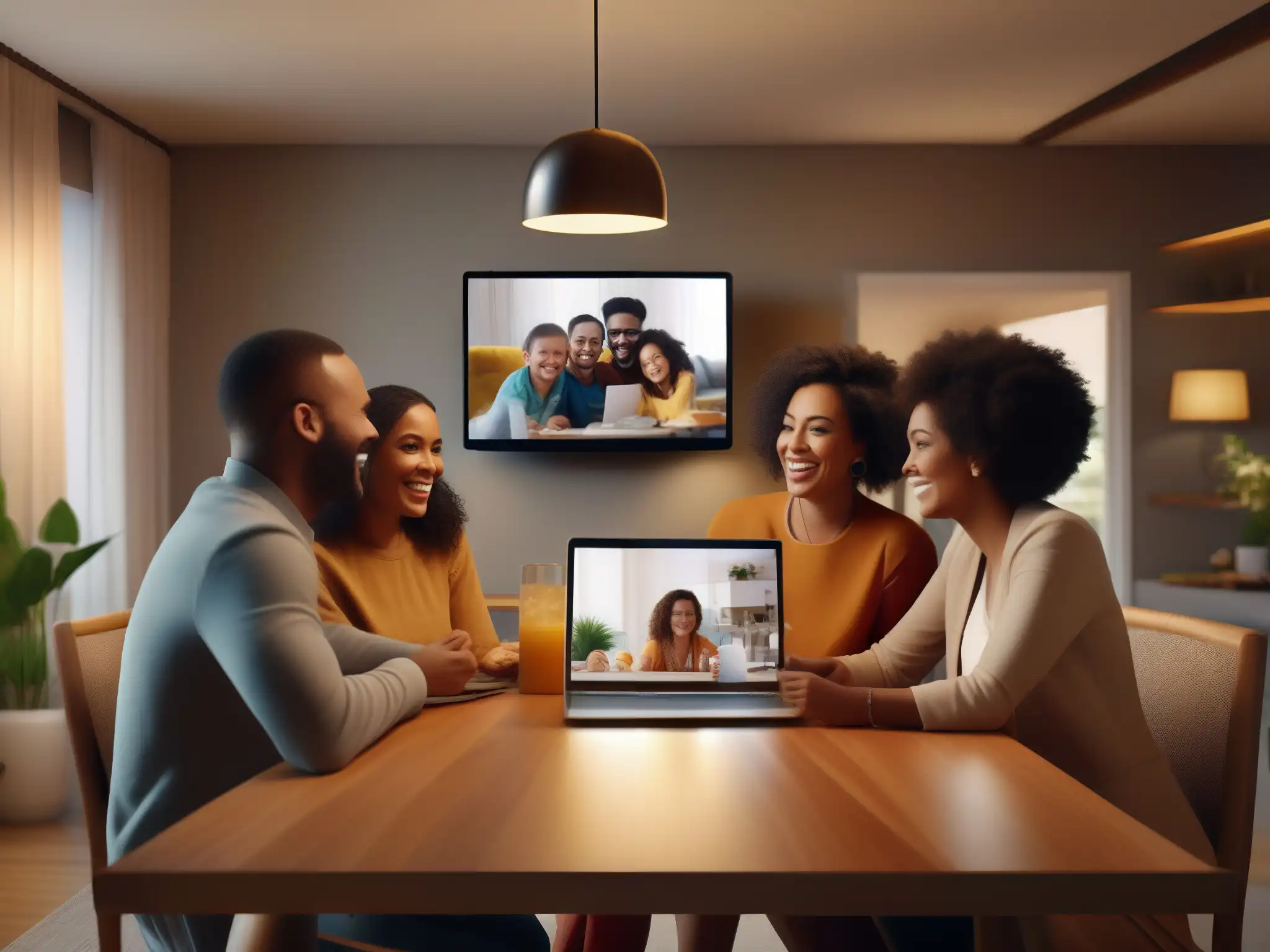 Reunión familiar virtual llena de sonrisas y conexión Una familia en videoconferencia, compartiendo risas y sonrisas en un ambiente cálido