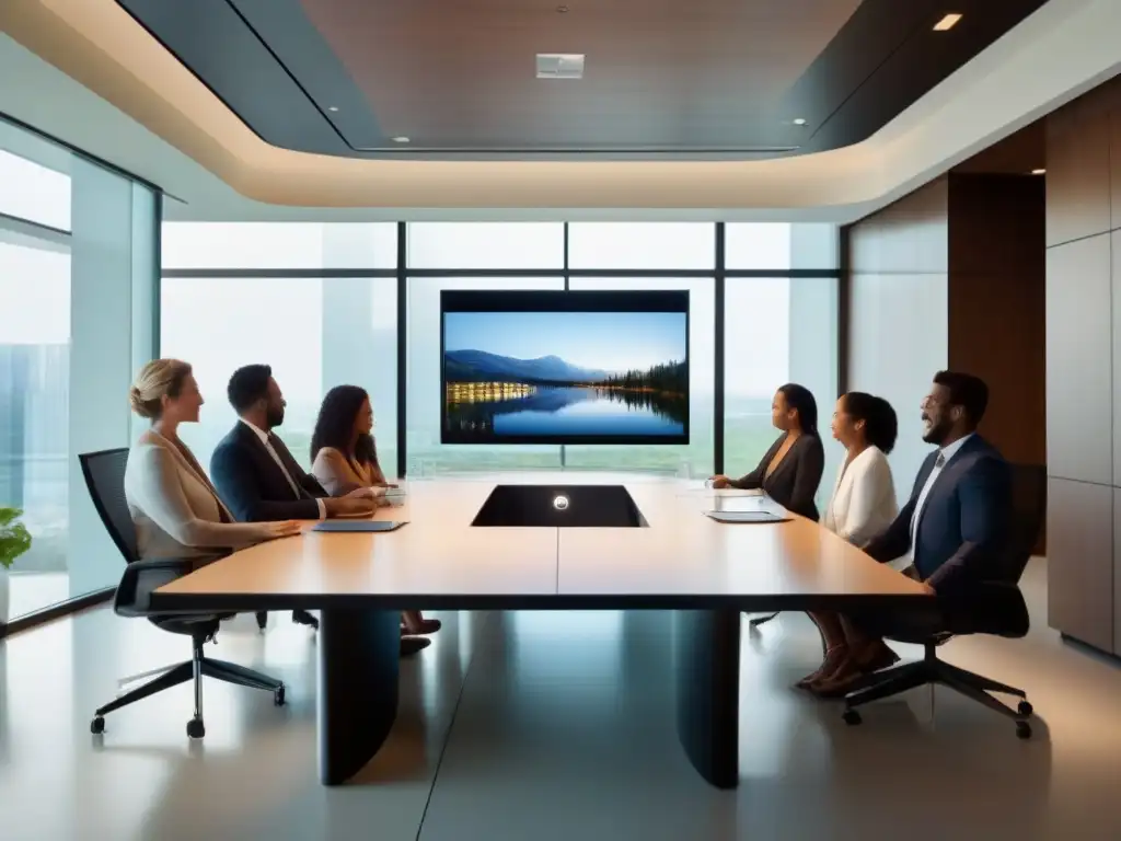 Conferencia familiar tecnológica en ambiente sofisticado Una familia disfruta de videoconferencias familiares unen kilómetros en un elegante entorno lleno de luz natural y tecnología de vanguardia