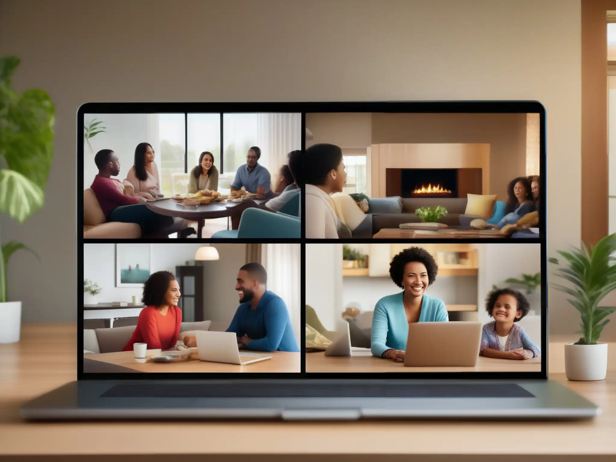 Conexión Familiar: Videoconferencia que Une Dos familias sonrientes se conectan a través de videoconferencias familiares unen kilómetros, creando lazos a pesar de la distancia