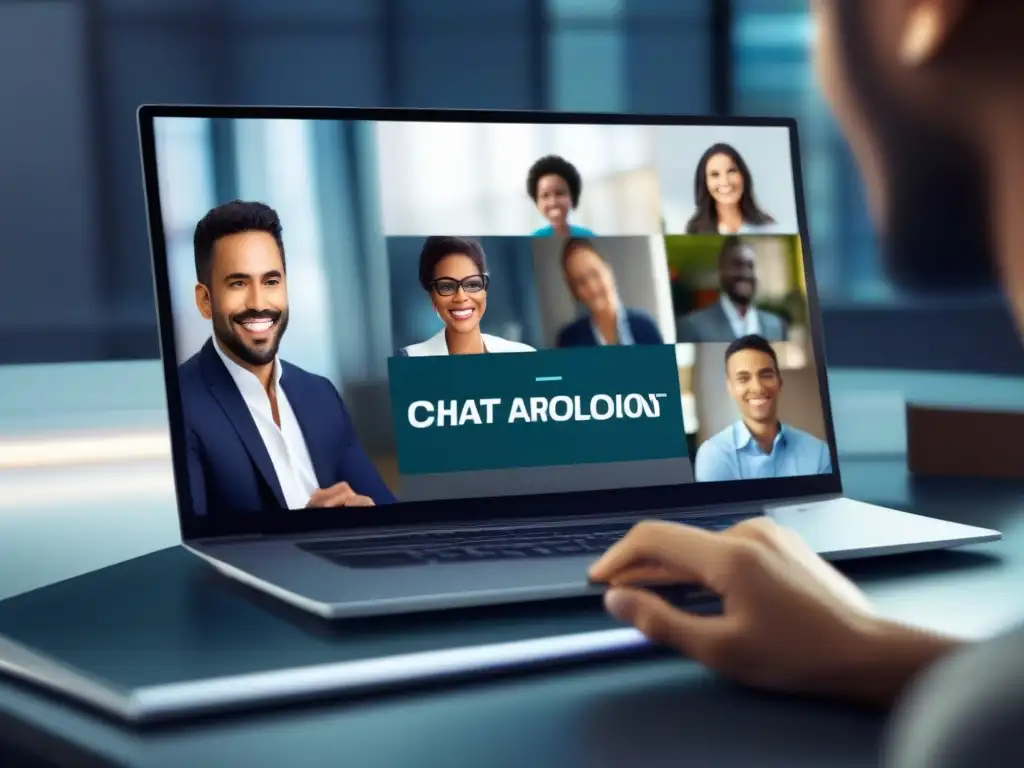 Webinar interactivo: Presentador y chat en vivo Participación y feedback en webinars: Interfaz moderna de webinar con presentador interactuando con la audiencia a través del chat en vivo