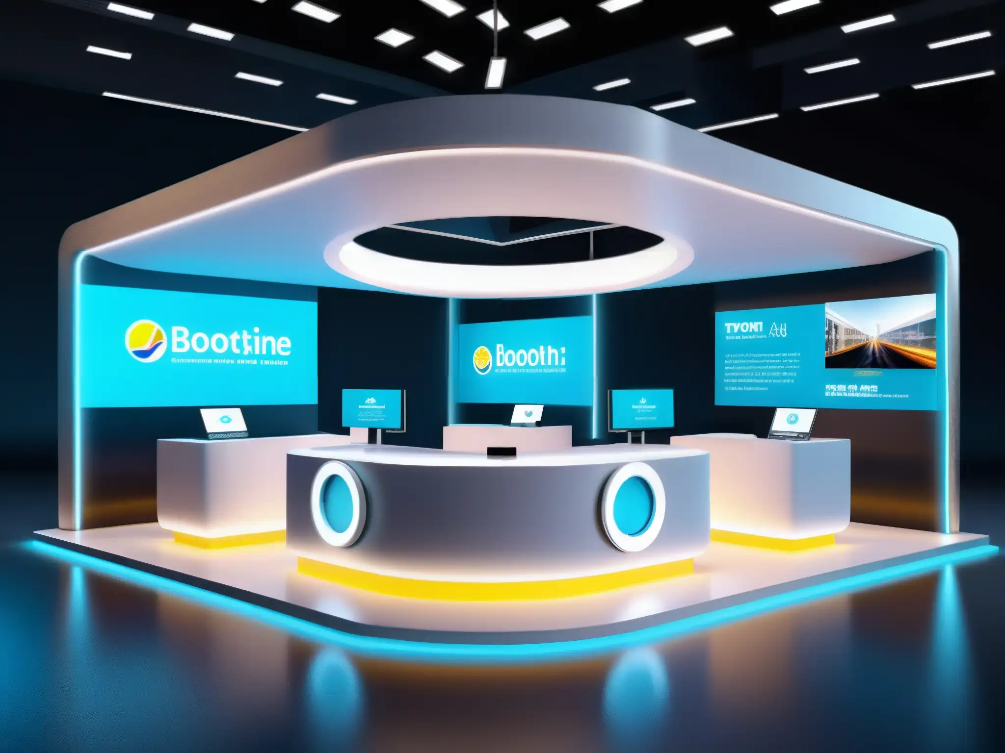 Expo virtual de productos y servicios con avatares interactivos Una feria virtual con avatares interactuando en stands, tecnología de vanguardia y ambiente dinámico