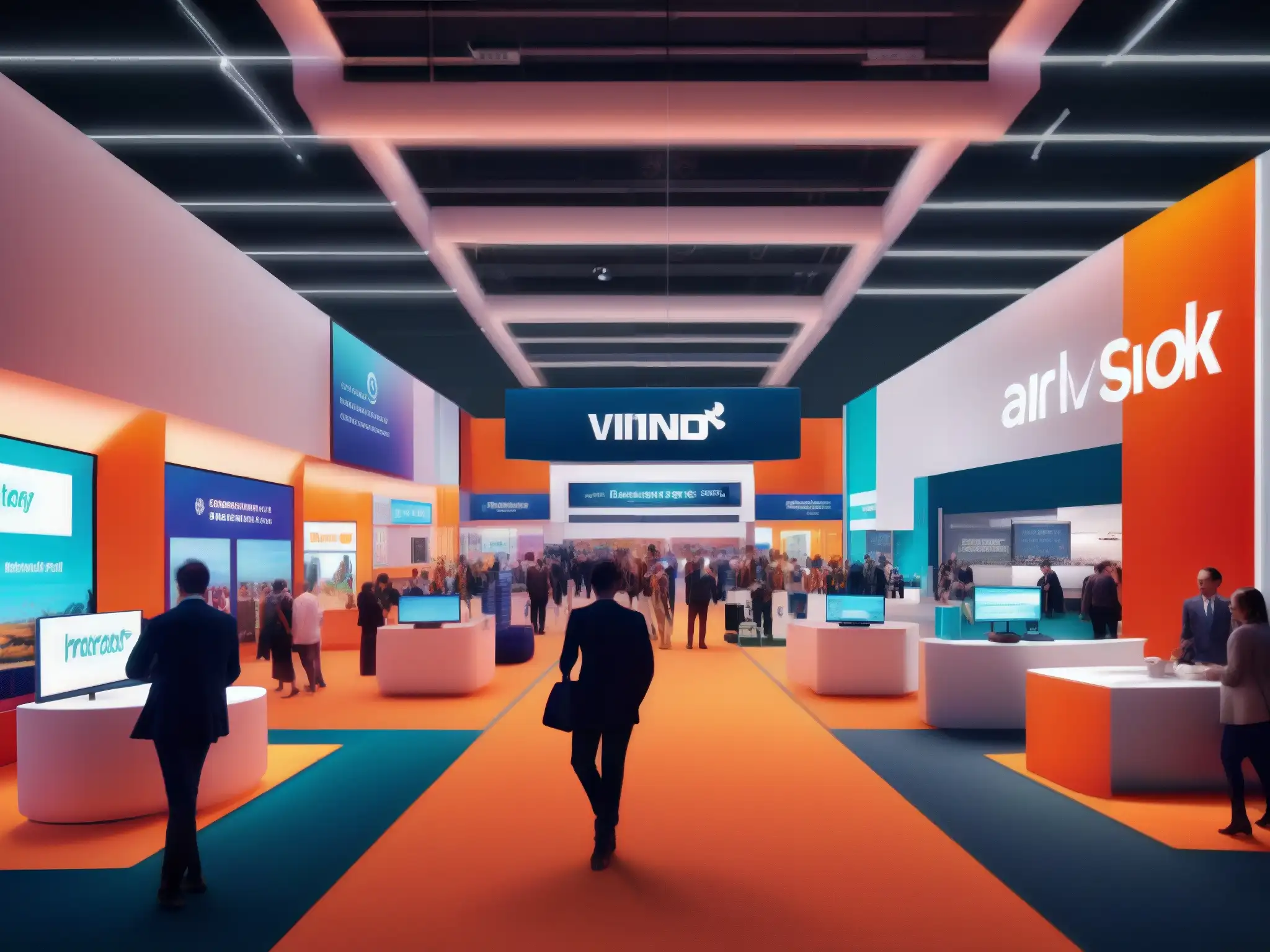Exhibición virtual de vanguardia: interacción empresarial en vivo Explora la feria virtual con modernos stands y dinámica iluminación