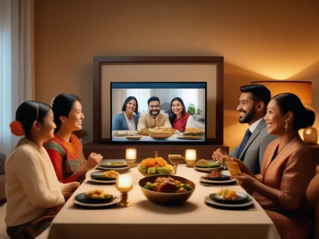 Reunión familiar virtual con toque tradicional y moderno Adaptando festividades familiares: videoconferencia con tradiciones y modernidad en una atmósfera cálida y hogareña