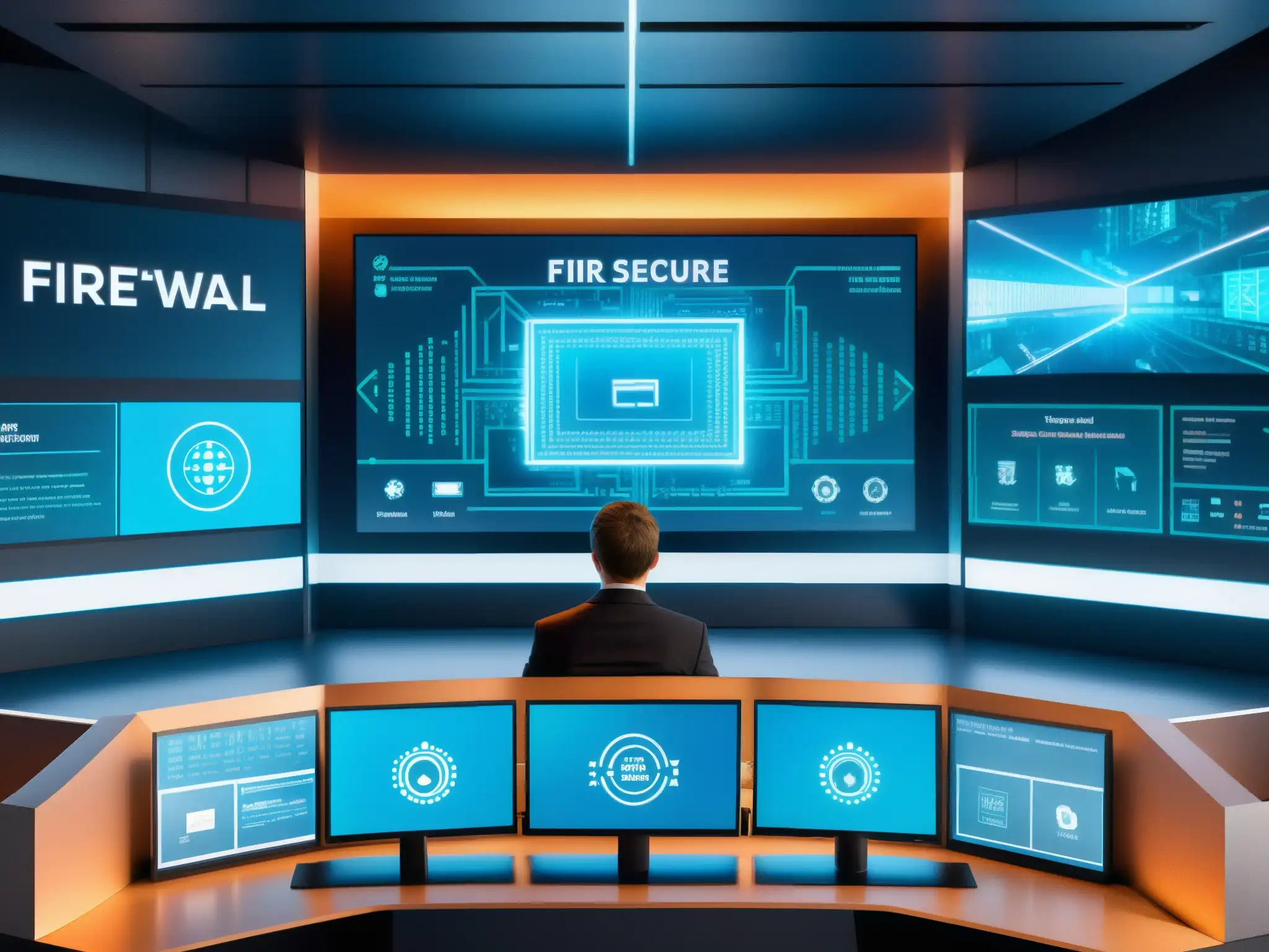 Firewall hightech protección y conexión segura Un firewall de alta tecnología rodeado de pantallas de videoconferencia seguras y encriptadas, simbolizando protección y control