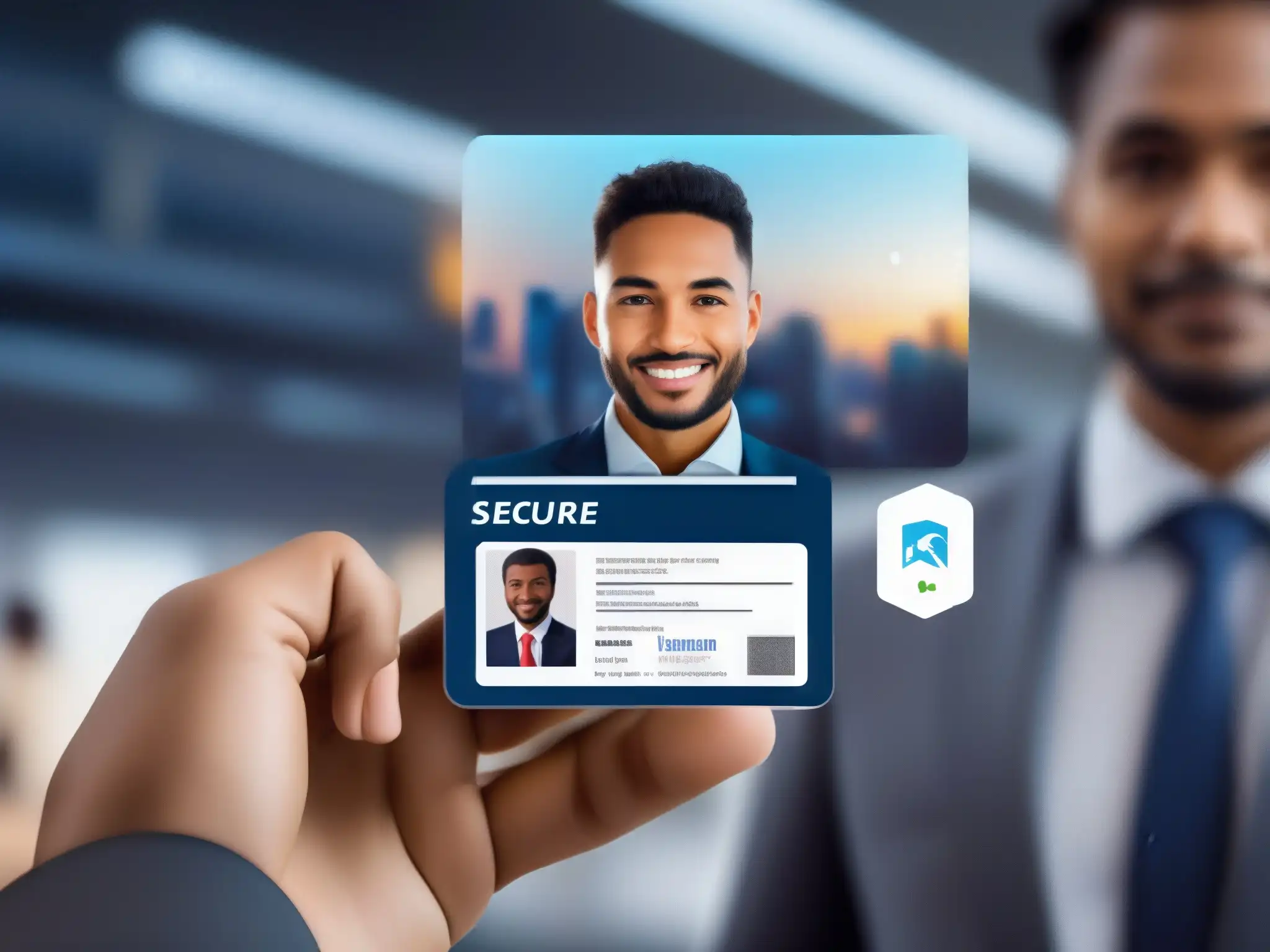Verificación de identidad en videoconferencia: proceso ultramoderno Firma electrónica en videoconferencias: Persona valida identidad en videoconferencia con tecnología futurista y aspecto profesional