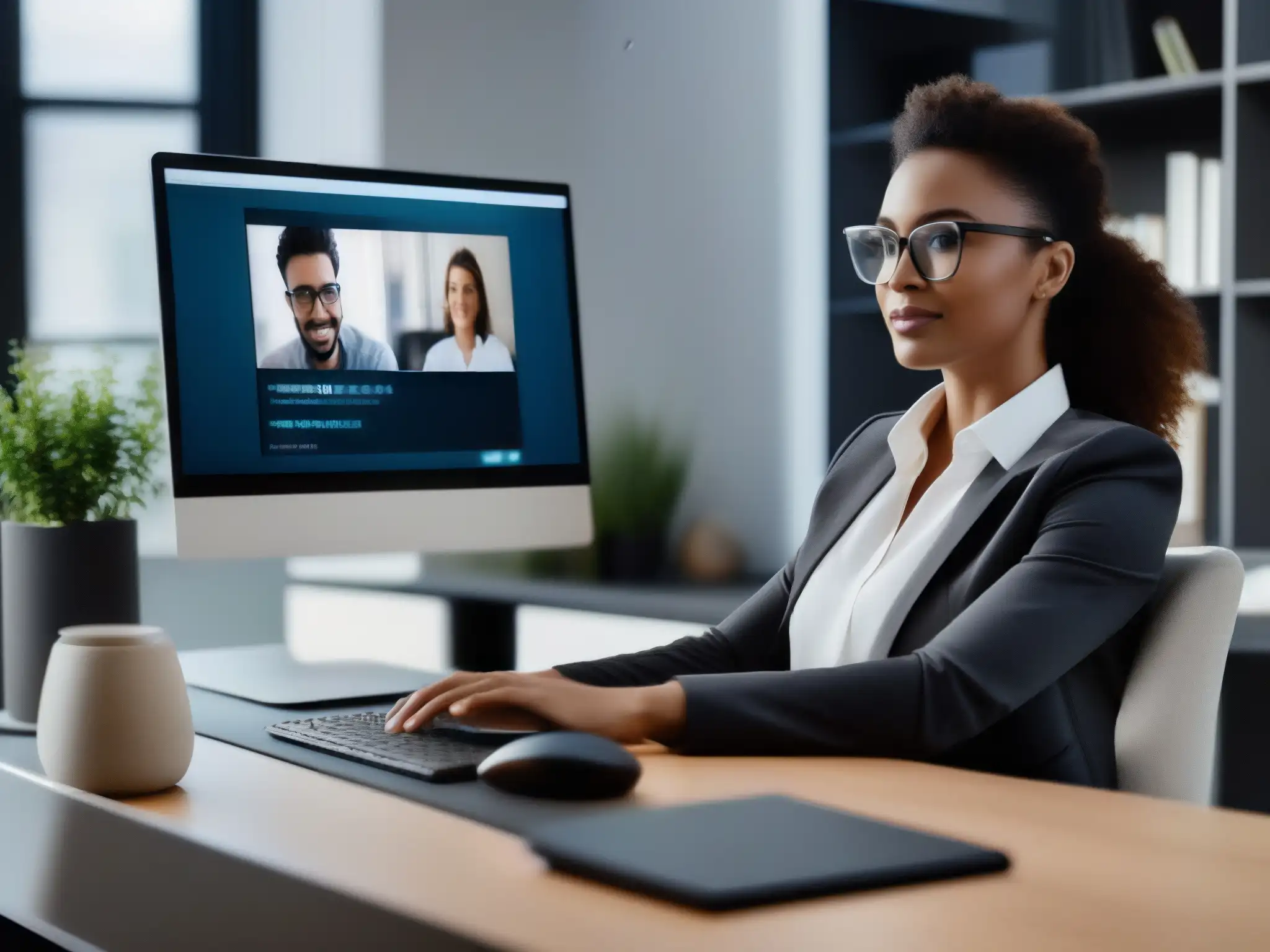 Freelancer profesional en videoconferencia desde casa Un freelancer interactúa con un sistema automatizado de videoconferencias en un elegante y productivo entorno de oficina en casa