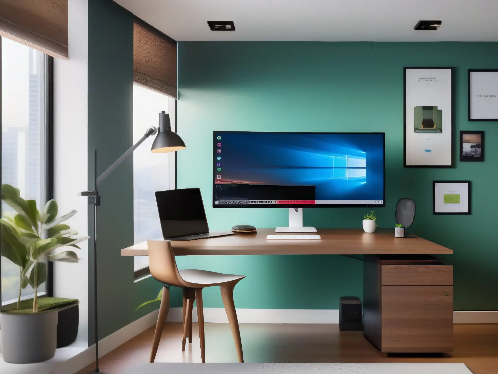 Oficina en casa: profesionalidad y modernidad Freelancer usa mejor herramienta videoconferencia freelance en moderno y profesional home office con luz natural