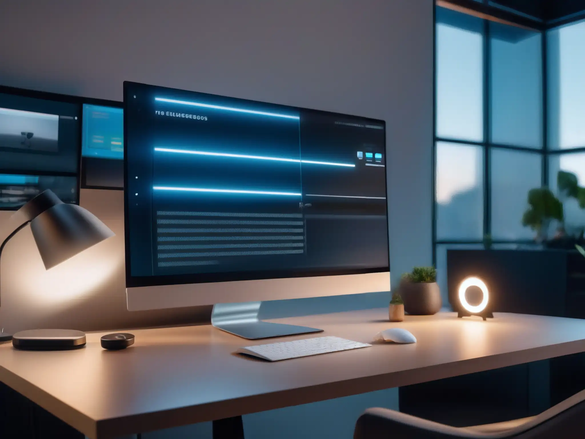 Oficina en Casa Ultramoderna para Videoconferencias Un freelancer profesional en una oficina minimalista y eficiente, utilizando automatización para videoconferencias