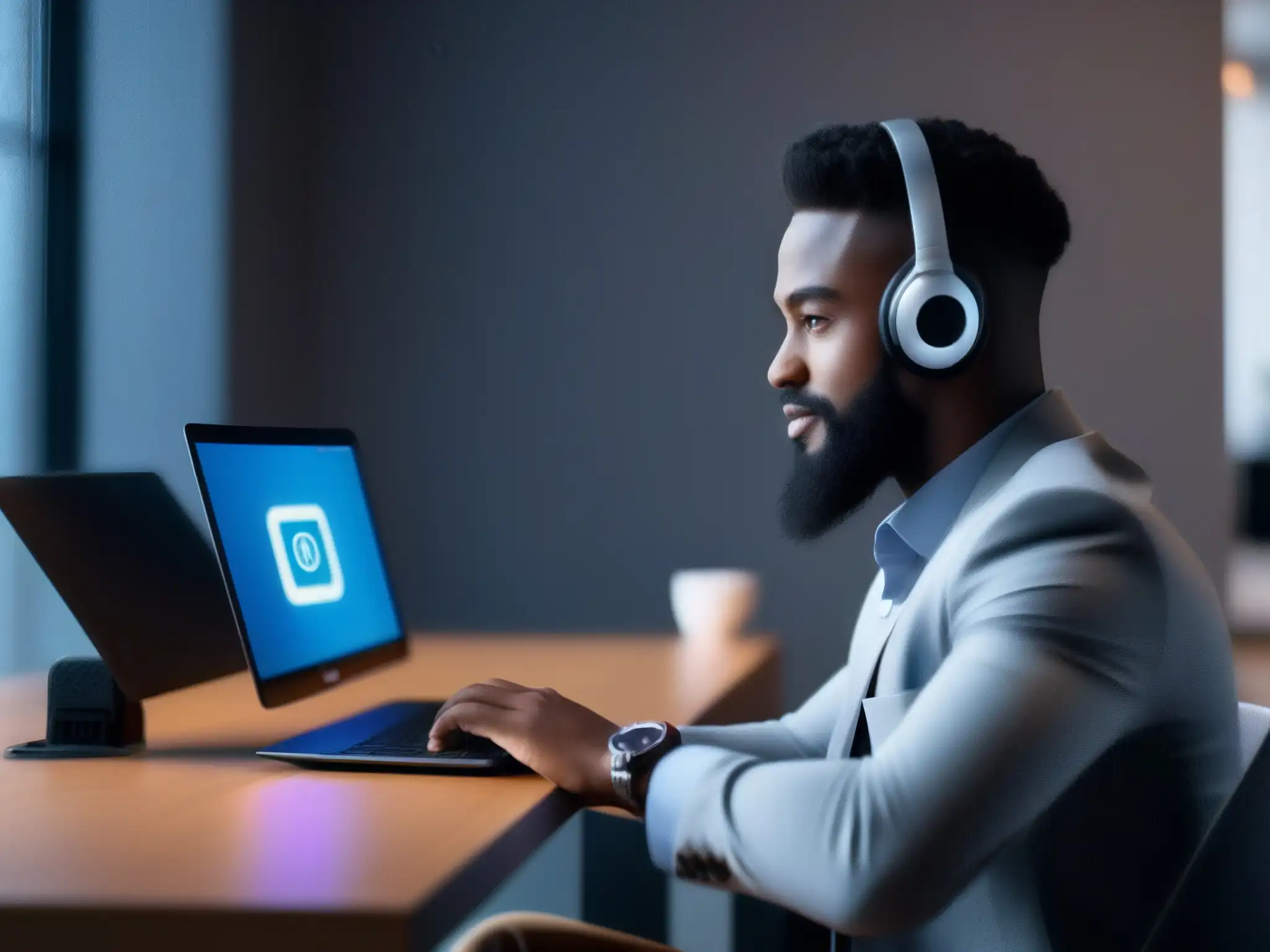 Oficina en casa moderna y segura para freelancer Un freelancer profesional en una oficina moderna con protocolos seguros para videoconferencias