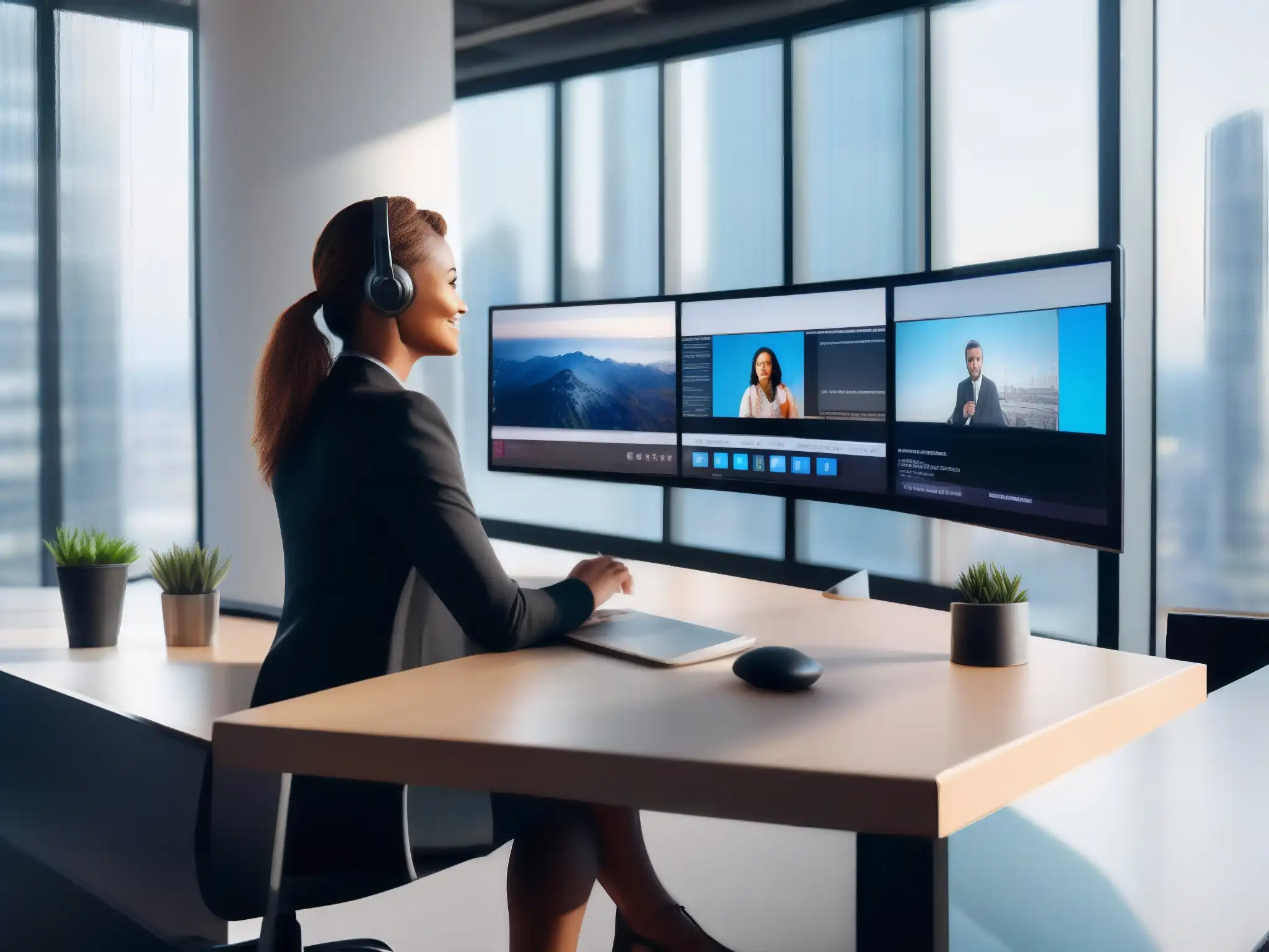 Freelancer profesional en videoconferencia Un freelancer profesional en una videoconferencia con herramientas de automatización en un espacio luminoso y moderno