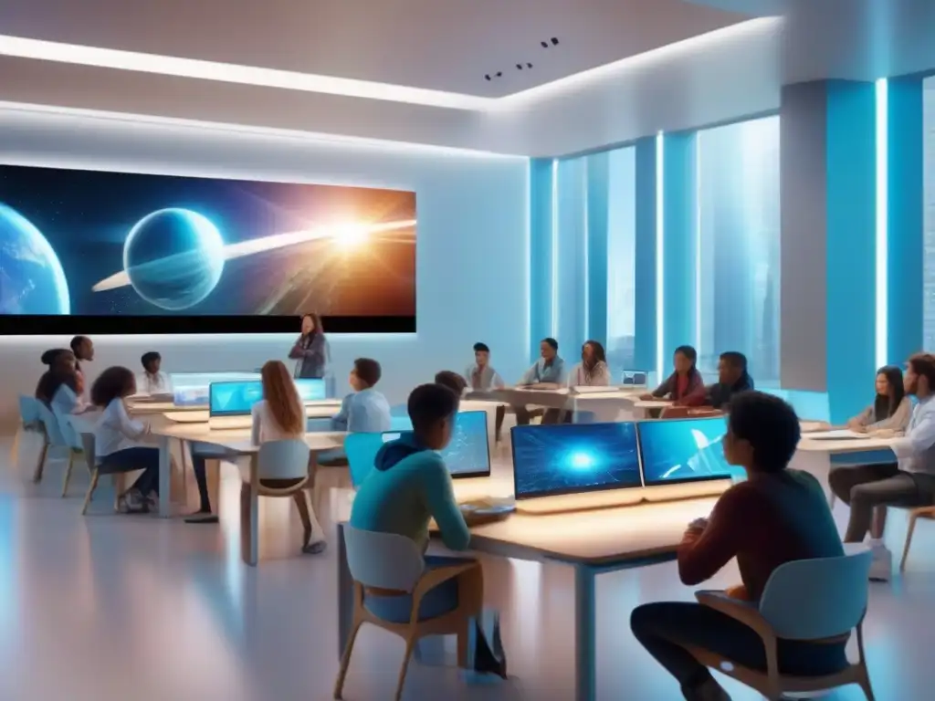 Salón de clases futurista con IA y hologramas Una futurista aula con plataformas de videoconferencia educativa con IA, estudiantes interactuando con hologramas y luz natural