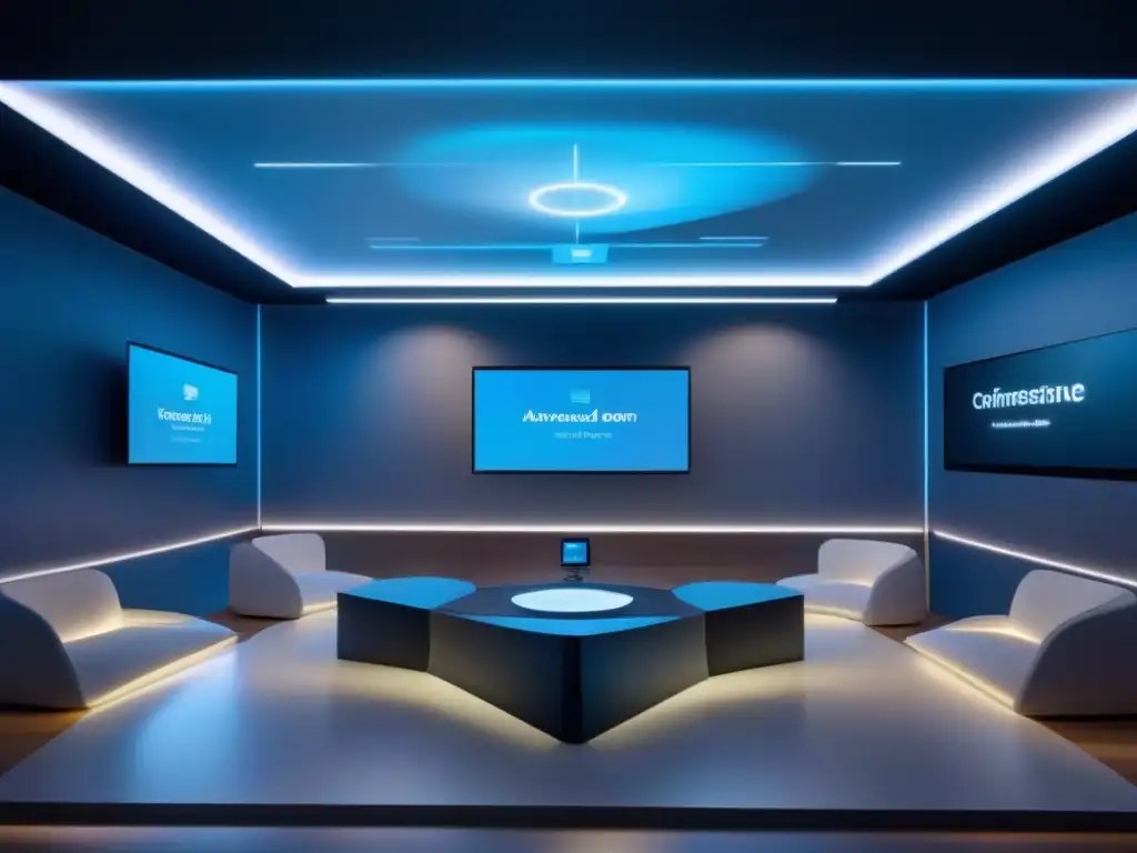Sala de videoconferencias holográficas personalizadas Salón virtual futurista con personalización de interfaz en herramientas de videoconferencia, participantes interactúan en hologramas