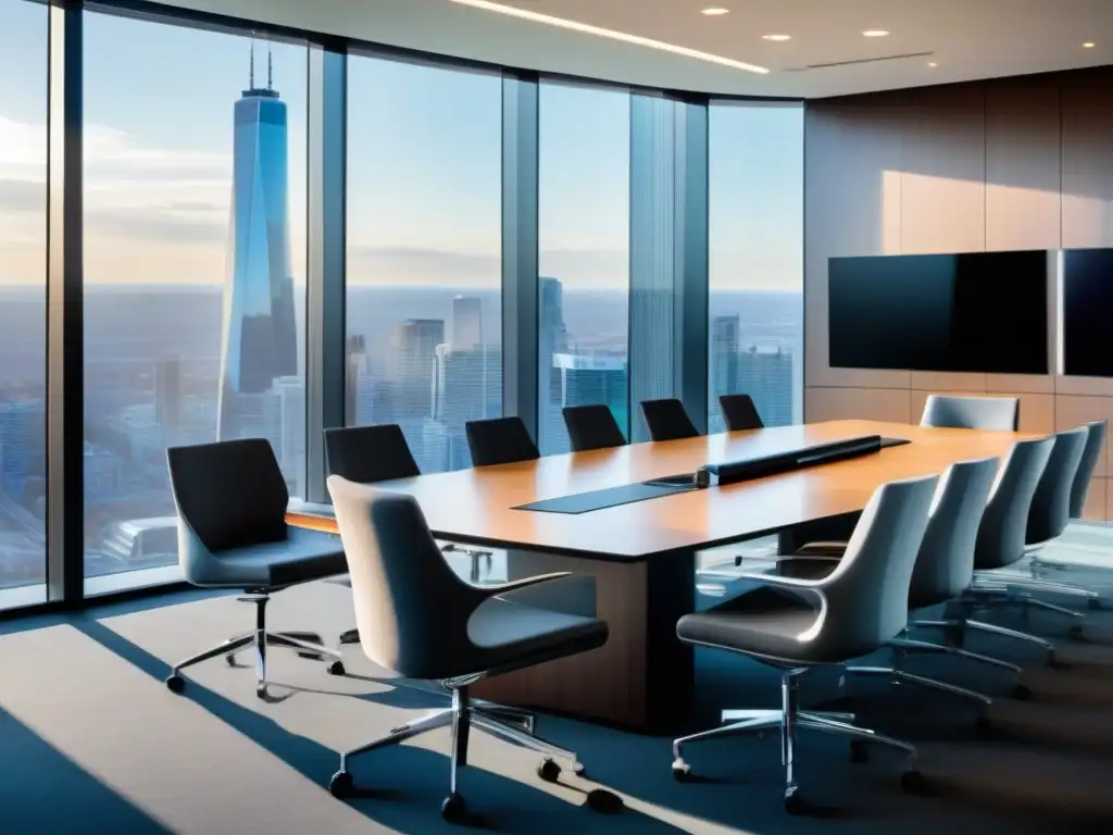 Sala de conferencias moderna con vista a la ciudad Evolución de GoToMeeting en videoconferencia: una sala de conferencias moderna y luminosa con equipamiento de alta tecnología y vistas a la ciudad