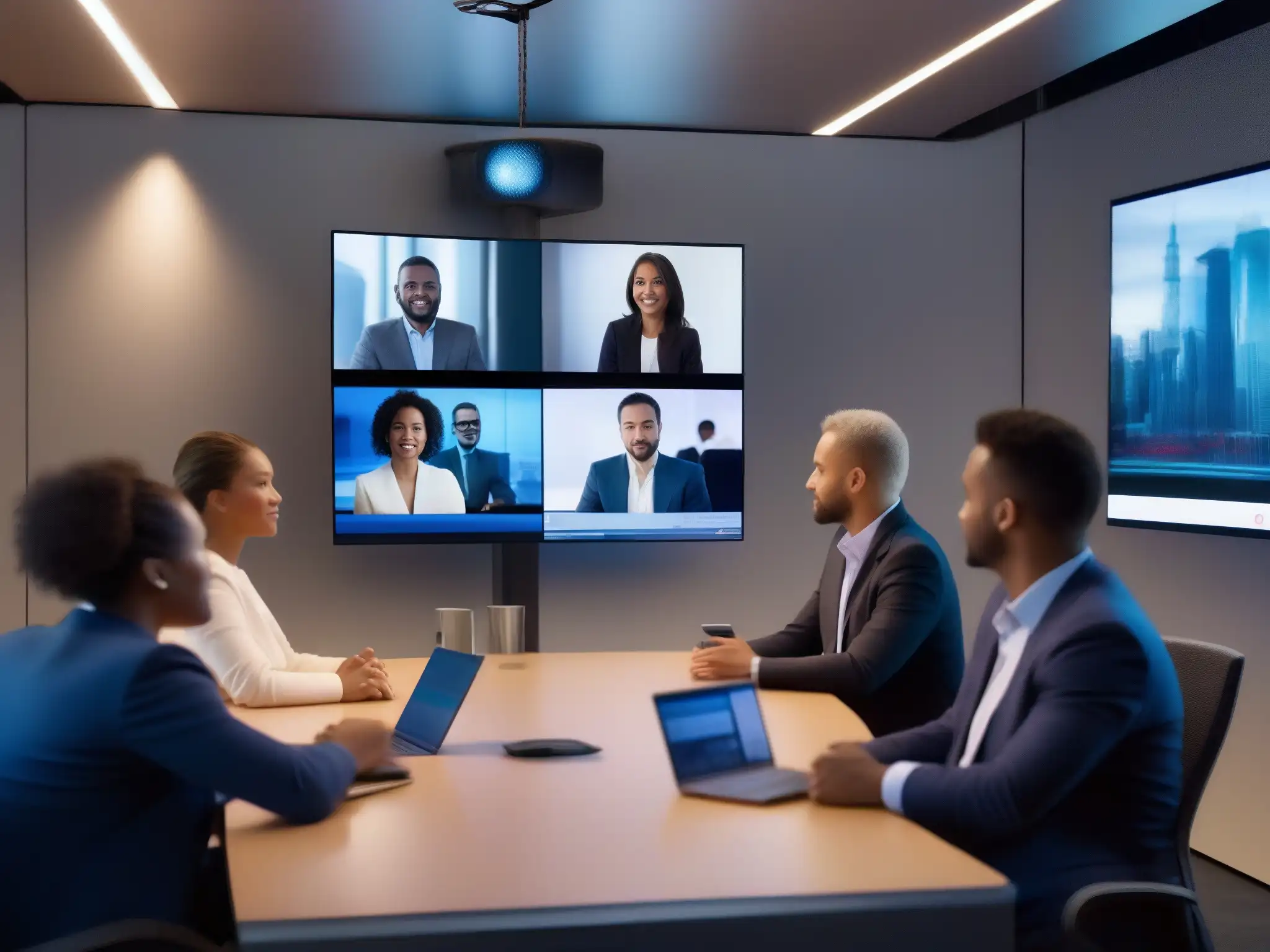 Videoconferencia de alta resolución: expresiones y entorno nítidos Grupo conectado en plataforma videoconferencia rendimiento tiempo real, ambiente profesional y moderno