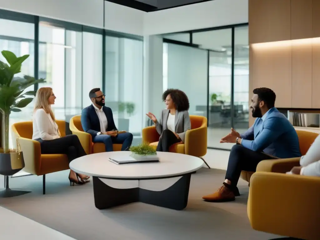 Consultores de marketing en debate animado en oficina moderna Un grupo de consultores de marketing tiene una animada discusión en una oficina moderna y elegante, utilizando Whereby