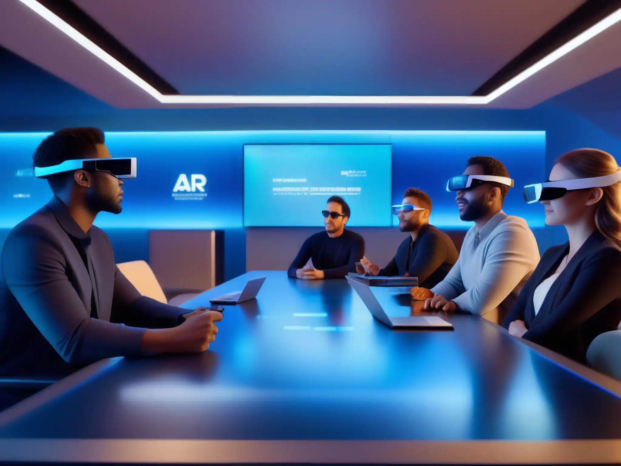 Desarrolladores en AR debaten en sala futurista Un grupo de desarrolladores en una sala futurista, interactuando en realidad aumentada y discutiendo videoconferencias