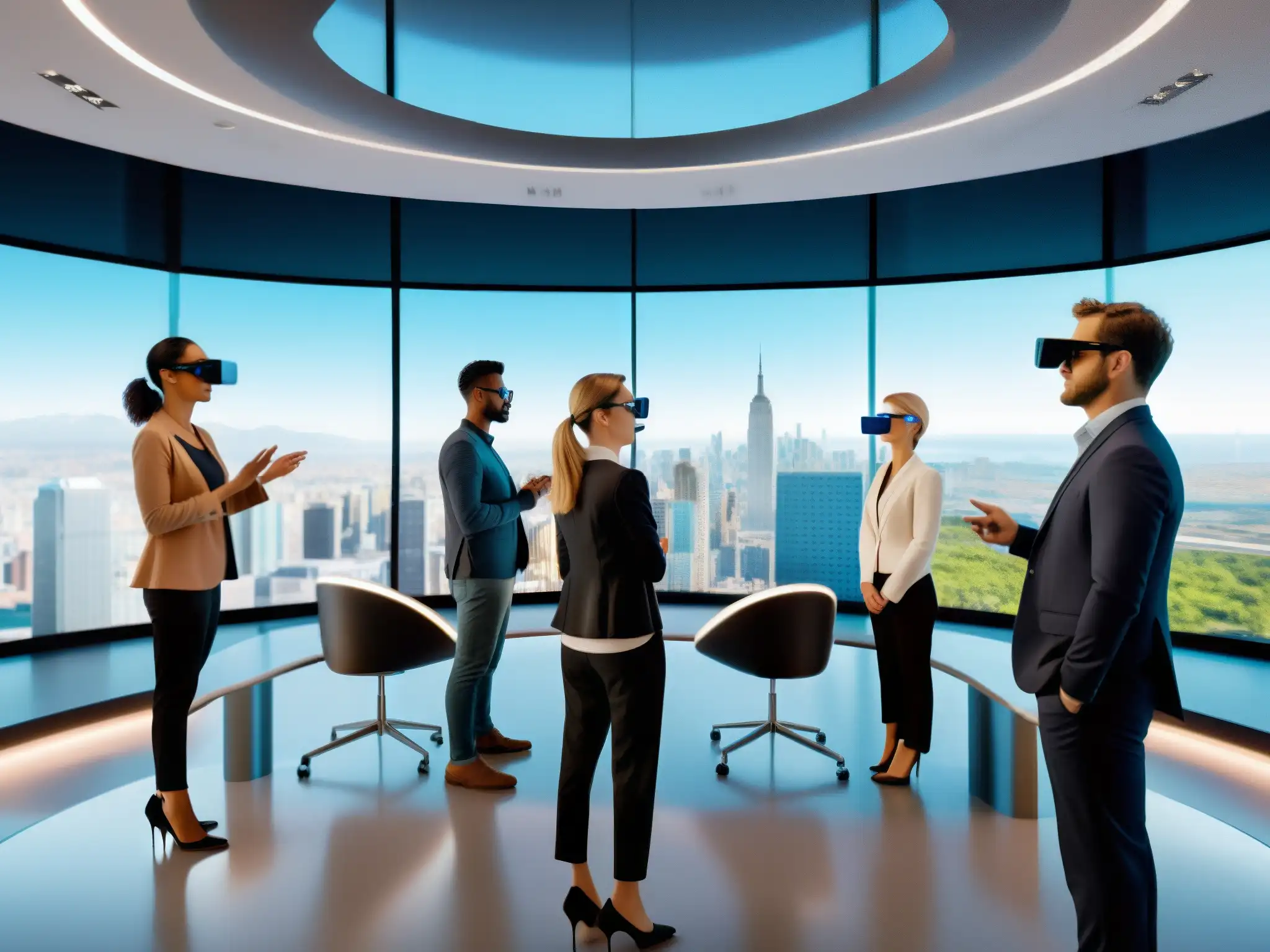 Conferencia virtual con gafas de realidad aumentada en ciudad futurista Grupo de desarrolladores en videoconferencia con realidad aumentada, interactuando con proyecciones 3D en un entorno futurista y dinámico