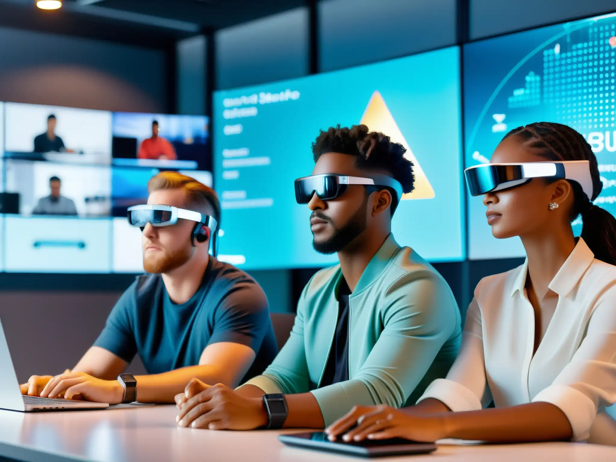 Desarrolladores de software en realidad aumentada Grupo de desarrolladores de videoconferencias inmersos en realidad aumentada, colaborando en un proyecto futurista con hologramas y teclados virtuales
