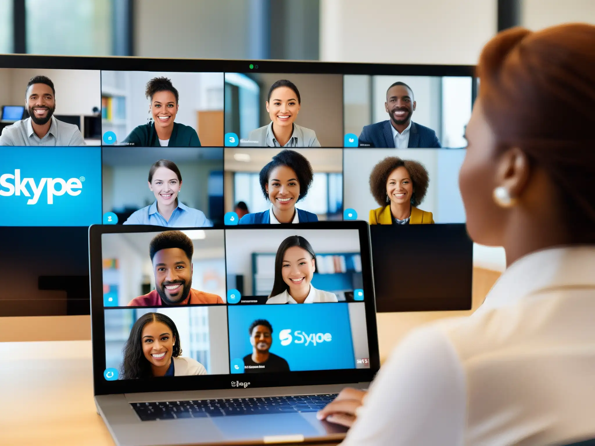 Clase virtual: interacción colaborativa en Skype Grupo diverso participa con atención en videoconferencia segura de Skype, destacando la colaboración y la Seguridad en plataformas de videoconferencia