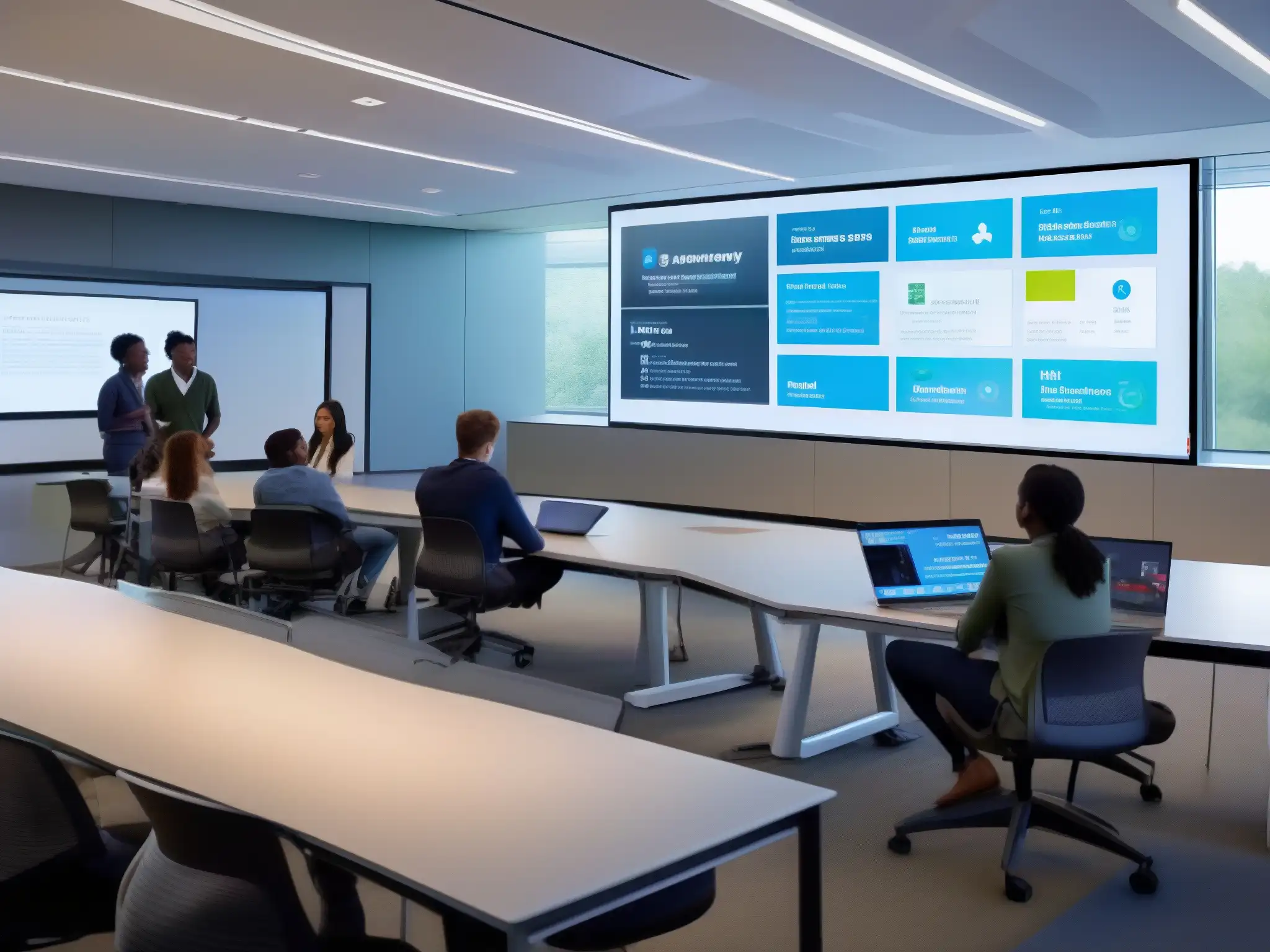 Aula futurista: educación colaborativa con tecnología de vanguardia Grupo diverso en aula moderna con integraciones LMS para videoconferencia, colaborando con tecnología futurista