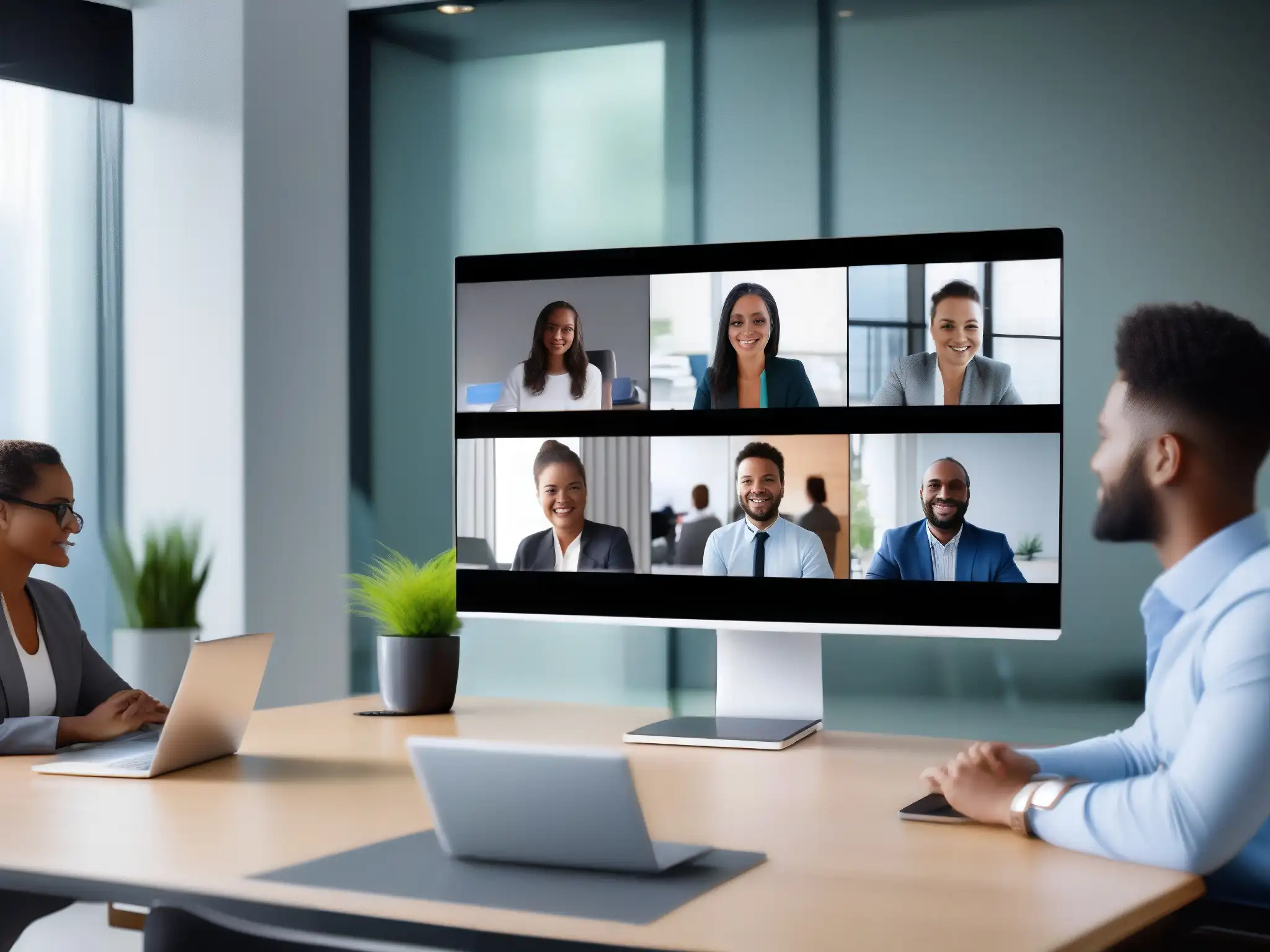 Videoconferencia profesional en ambiente seguro y moderno Un grupo diverso de colegas se reúne en una videoconferencia profesional en una oficina moderna y bien iluminada