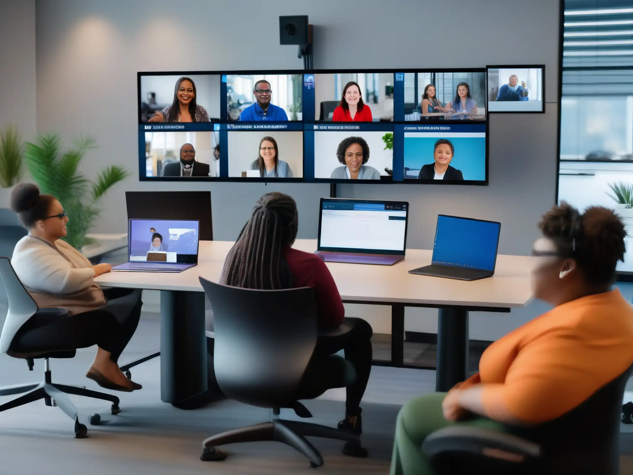 Video conferencia inclusiva para personas con discapacidad Grupo diverso con discapacidades participa en videoconferencia accesible para discapacitados, comunicándose con lenguaje de señas y tecnologías de asistencia en un espacio inclusivo con ajustes ergonómicos y tecnología de accesibilidad