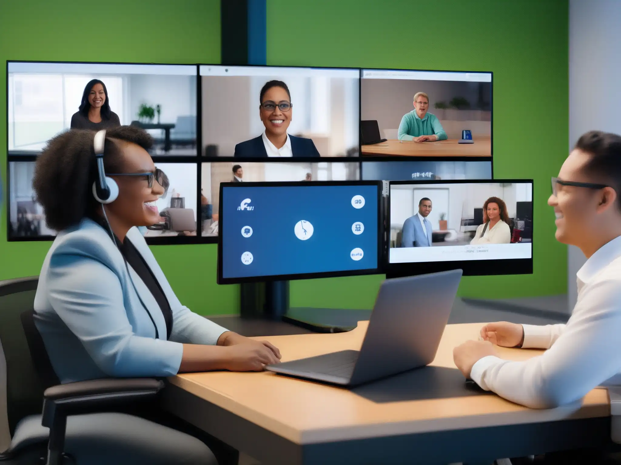 Reunión inclusiva: diversidad y tecnología en el trabajo Grupo diverso con discapacidades participa en videoconferencia usando herramientas de accesibilidad