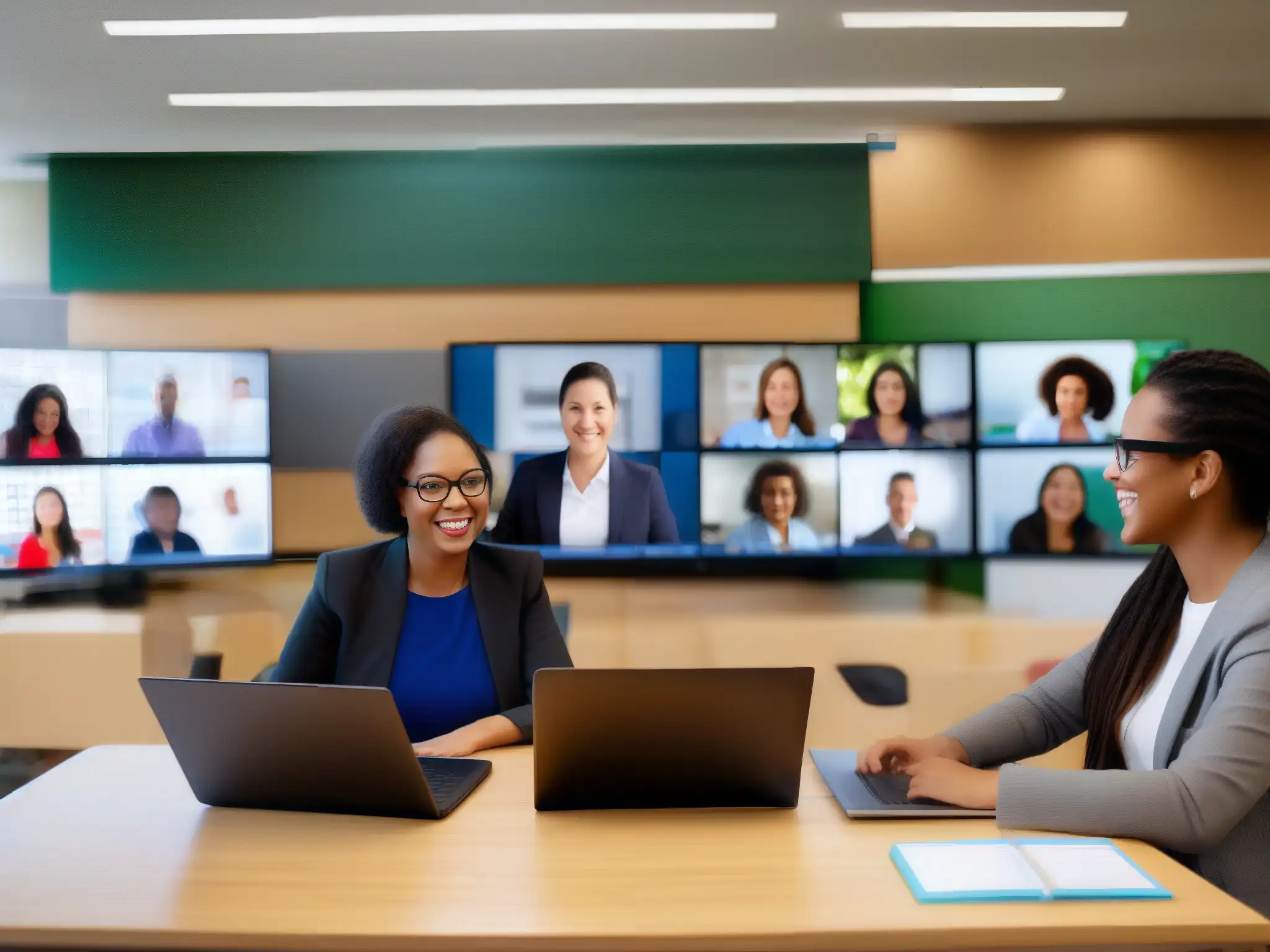 Maestros innovadores en aulas virtuales Un grupo diverso de docentes utiliza herramientas de videoconferencia en un aula virtual
