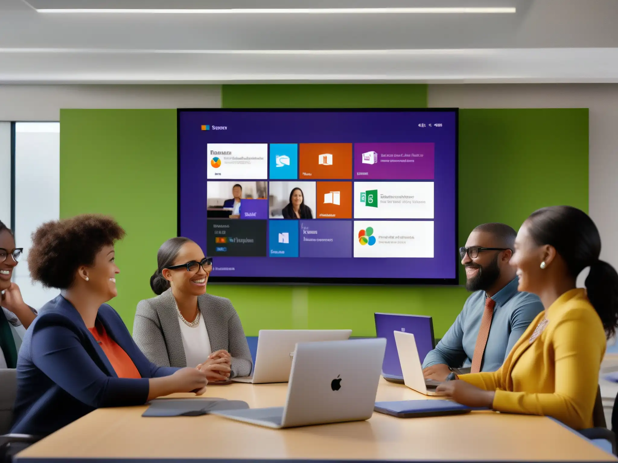 Conferencia educativa en Microsoft Teams: Innovación en acción Un grupo diverso de educadores participa en una videoconferencia dinámica utilizando Microsoft Teams