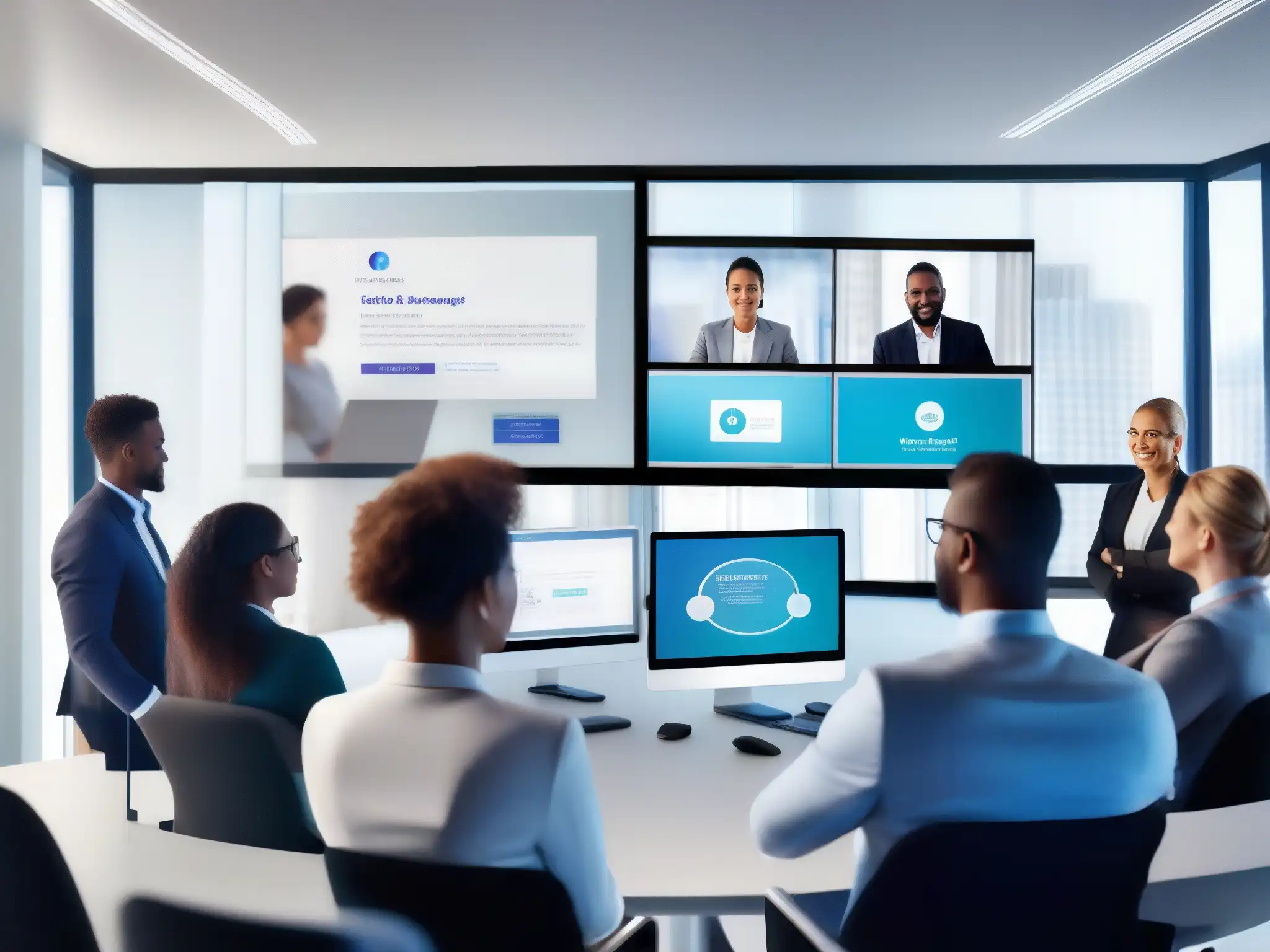 Entrenamiento virtual interactivo para empleados corporativos Un grupo diverso de empleados corporativos participa con entusiasmo en una sesión de capacitación en videoconferencia