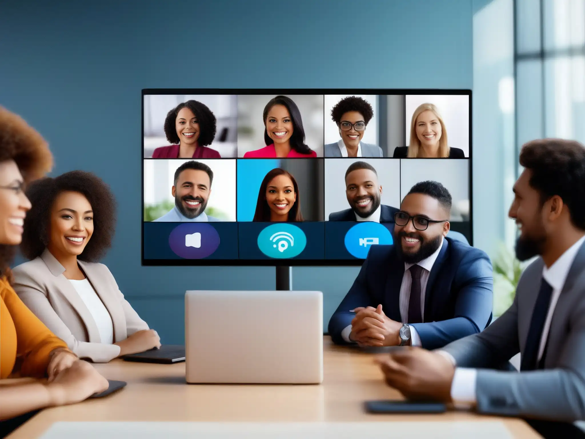 Conferencia virtual: conexión y productividad Un grupo diverso se conecta con entusiasmo en una videoconferencia, reflejando el impacto social y la productividad de la comunicación virtual
