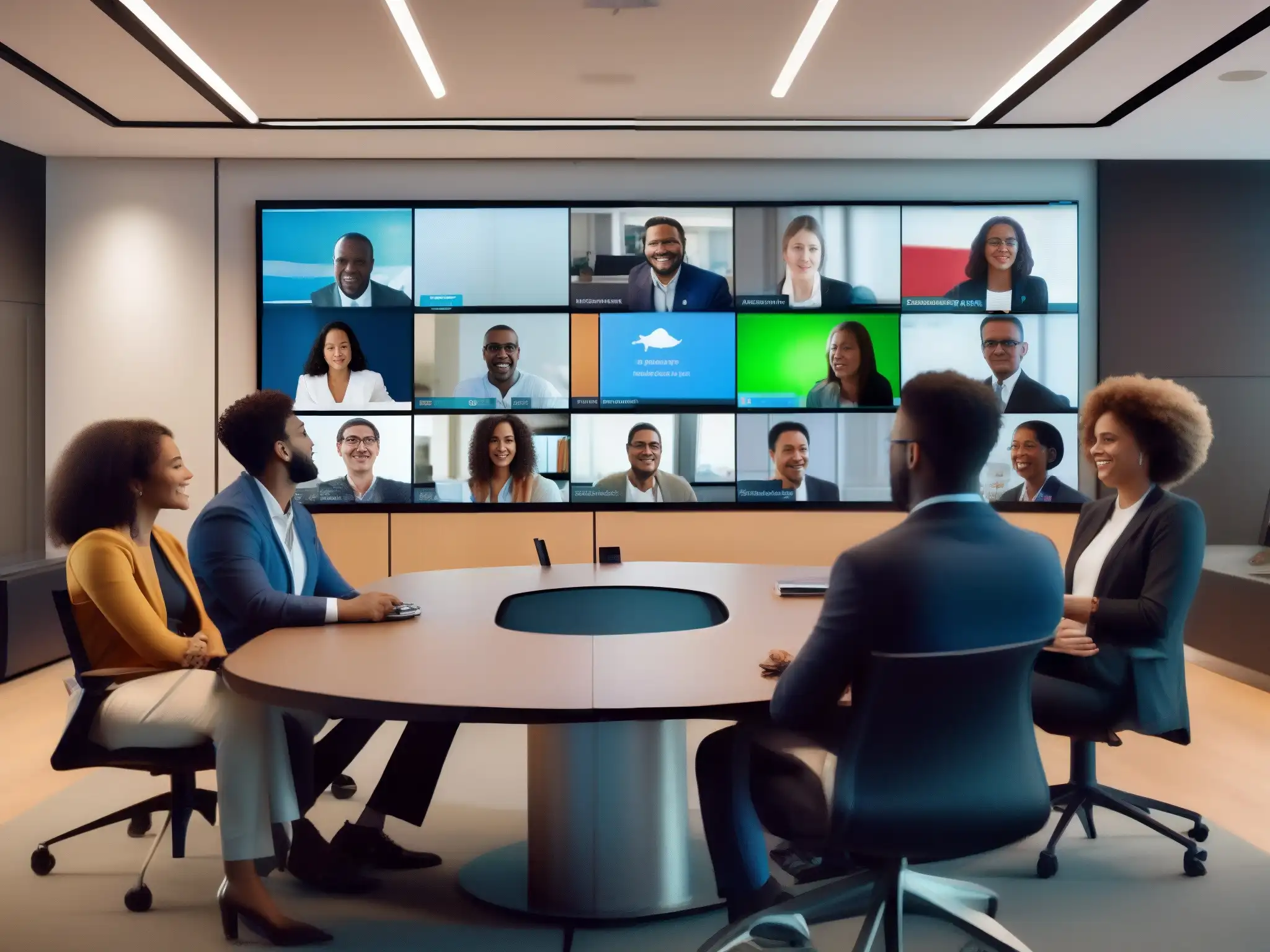 Reunión virtual dinámica de profesionales y estudiantes Grupo diverso participa con entusiasmo en videoconferencia moderna