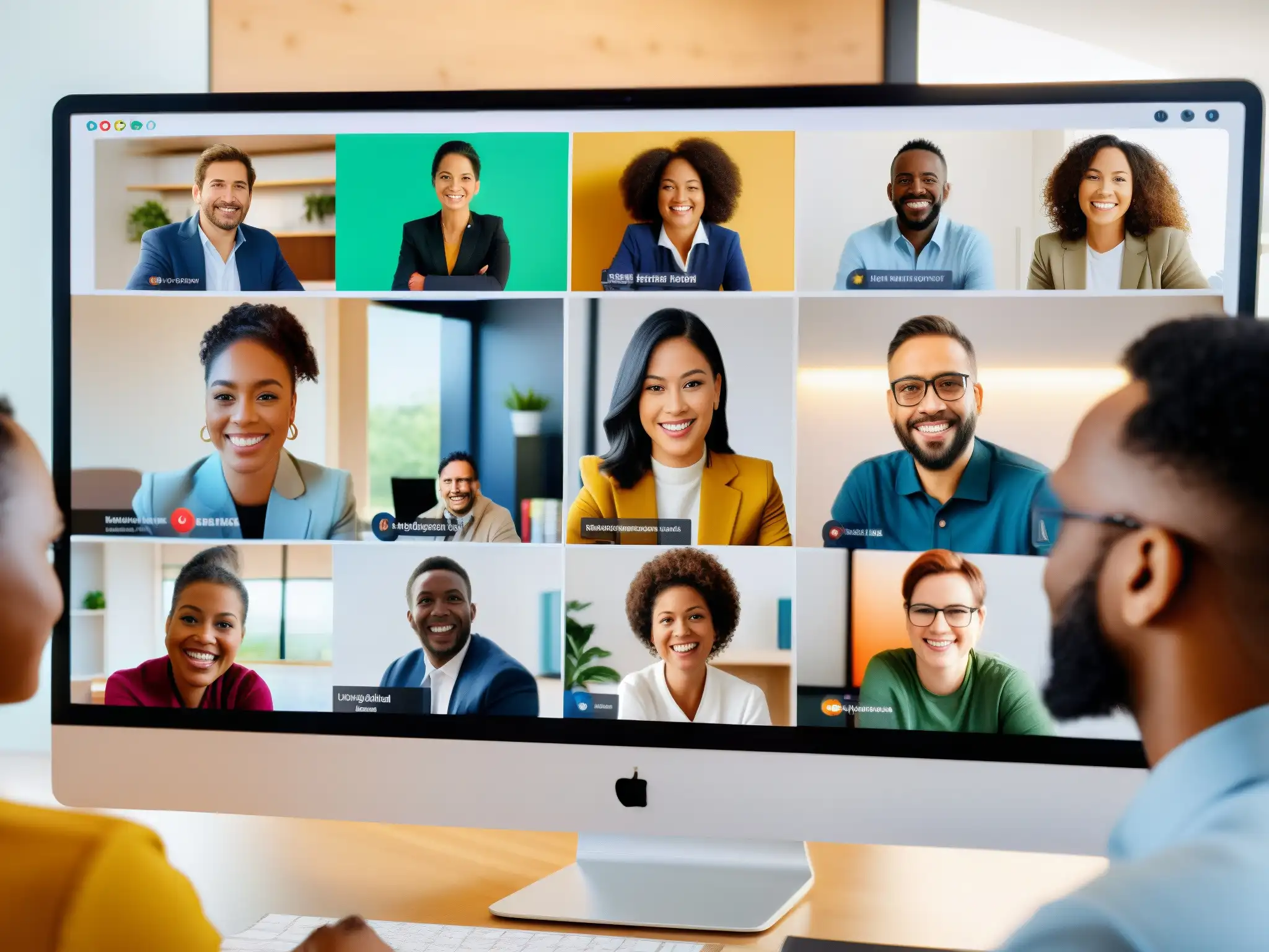Reunión virtual inclusiva en Zoom: colaboración dinámica Un grupo diverso participa con entusiasmo en una videoconferencia inclusiva