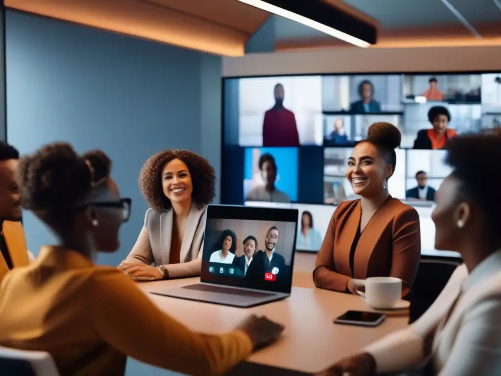 Conferencia virtual inclusiva: diversidad, colaboración y tecnología Un grupo diverso colabora con entusiasmo en una videoconferencia inclusiva en un espacio futurista