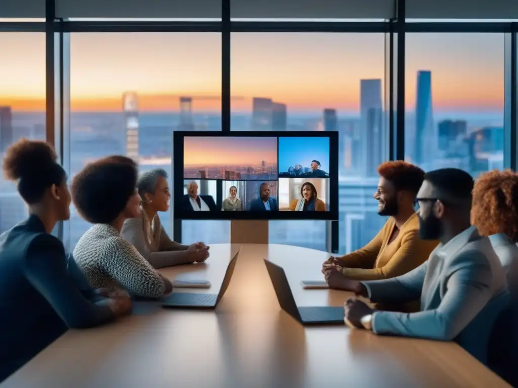 Conferencia virtual: conexión humana en la era digital Un grupo diverso participa con entusiasmo en una videoconferencia, conectando a través de la pantalla en un mundo digital