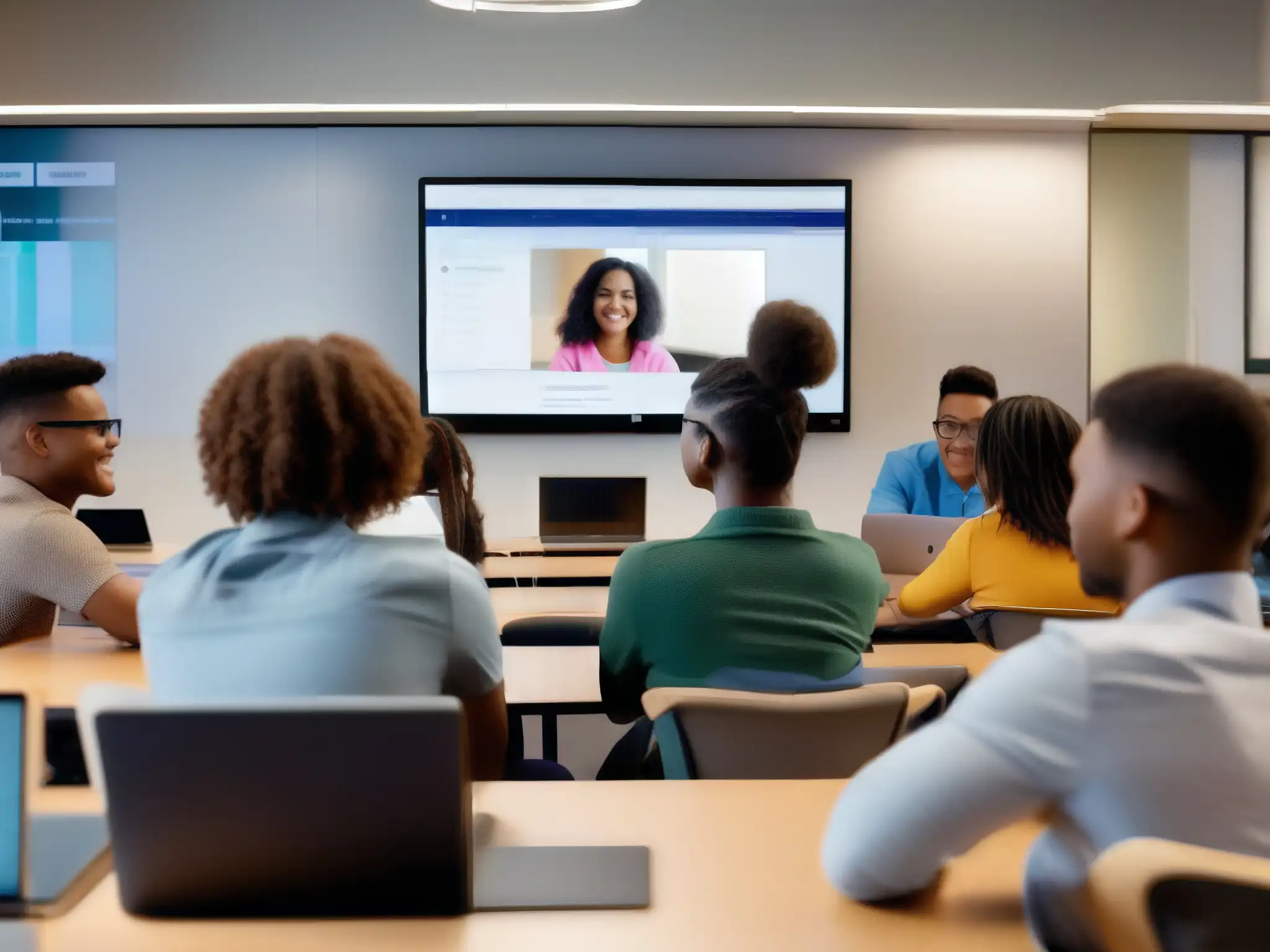 Ambiente de aprendizaje híbrido: colaboración y tecnología Grupo diverso de estudiantes participando en un ambiente de aprendizaje híbrido presencial virtual con tecnología interactiva y colaboración dinámica