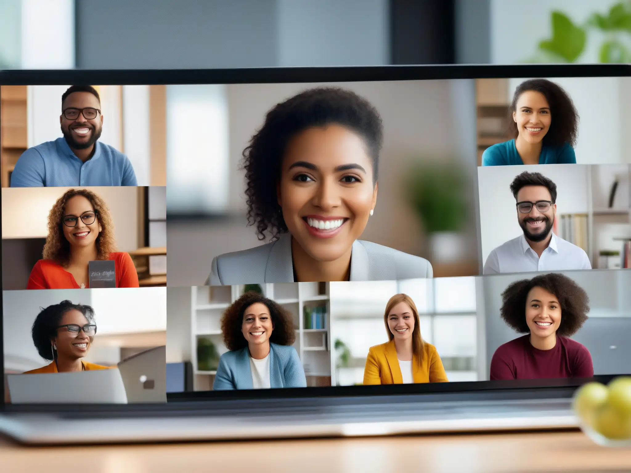 Vibrante aprendizaje de idiomas en línea Un grupo diverso de estudiantes se involucra en una animada discusión en una sesión de GoToMeeting