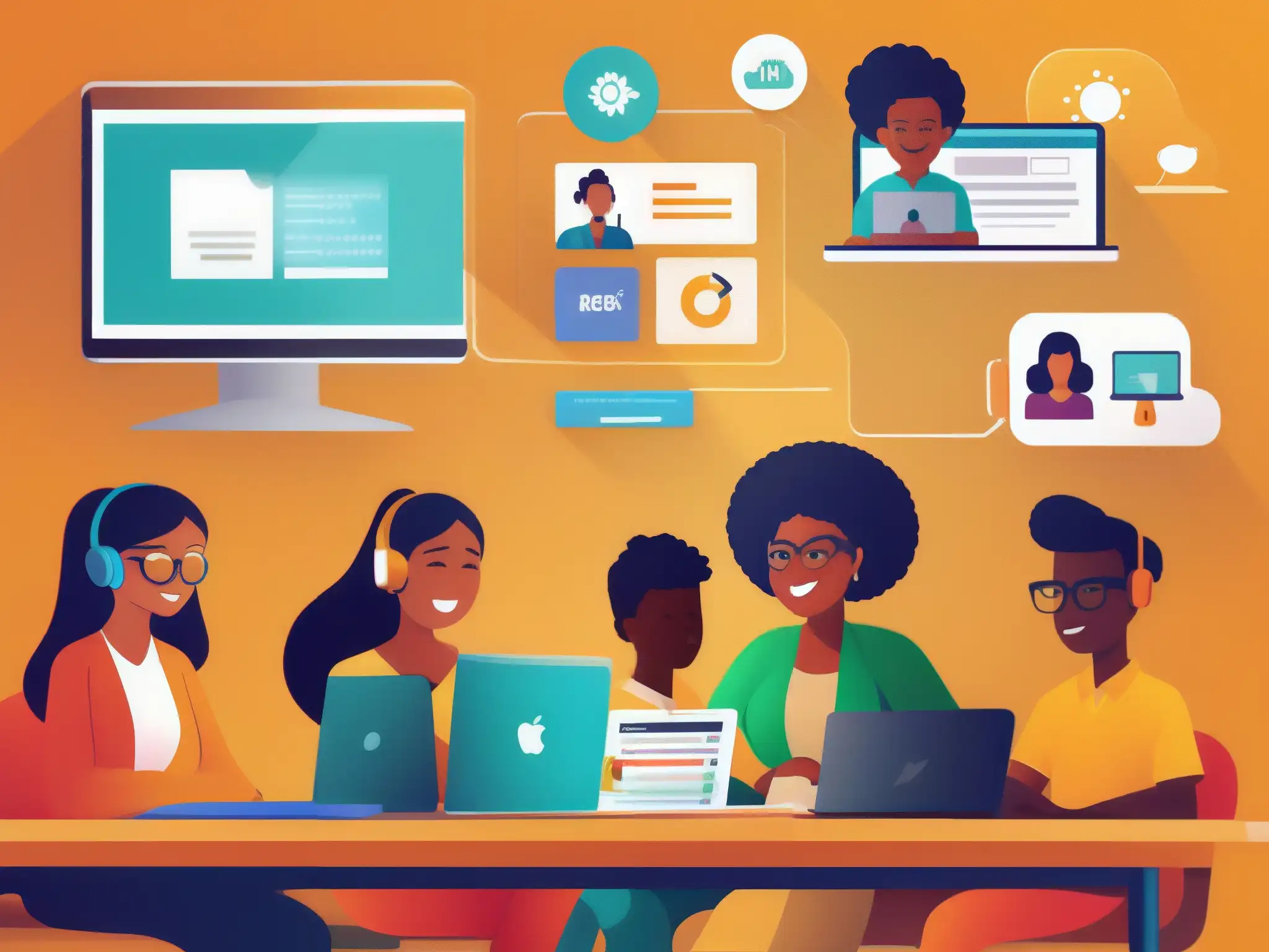 Clase virtual diversa: aprendizaje interactivo Grupo diverso de estudiantes participando activamente en aprendizaje virtual, adaptando estilos de enseñanza a diversas modalidades de aprendizaje