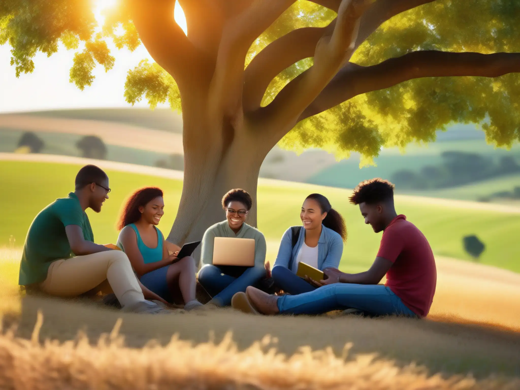Estudiantes innovadores aprenden bajo el árbol Grupo diverso de estudiantes debajo de un árbol en un entorno rural, participando en enseñanza online para poblaciones rurales
