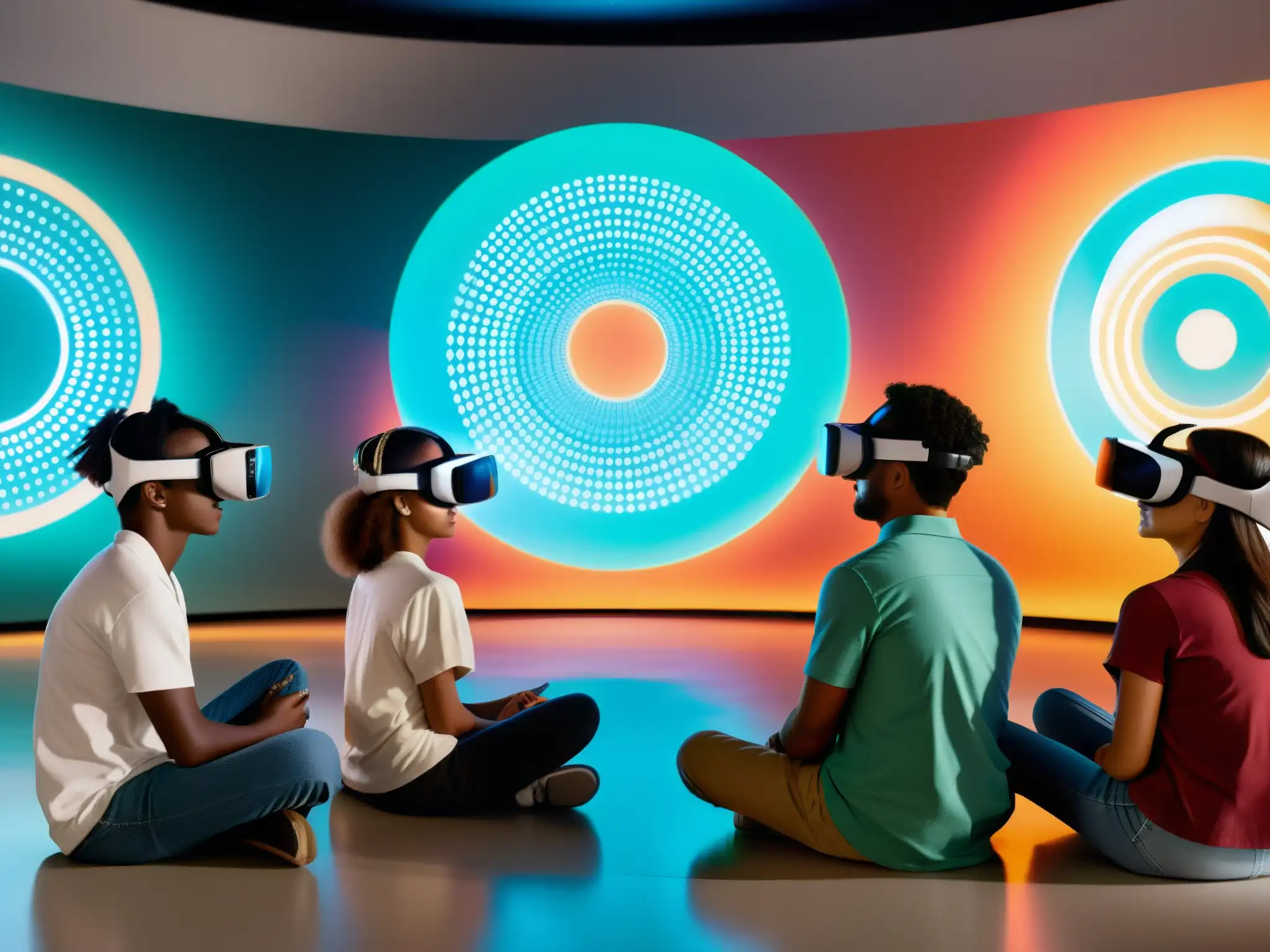 Estudiantes explorando arte virtual en 360° con asombro Grupo diverso de estudiantes interactuando con arte digital en entorno virtual, reflejando metodologías para enseñar arte en videoconferencias