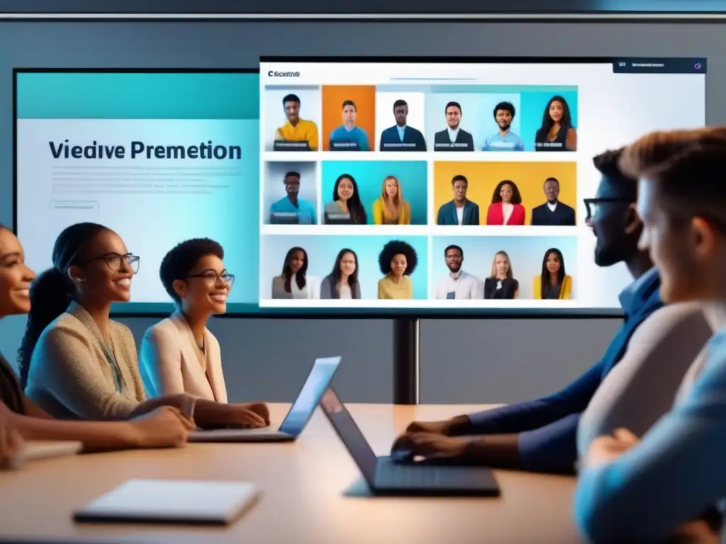 Presentación online: Estudiantes participativos en imágenes 8k Grupo diverso de estudiantes participando con atención en una presentación online
