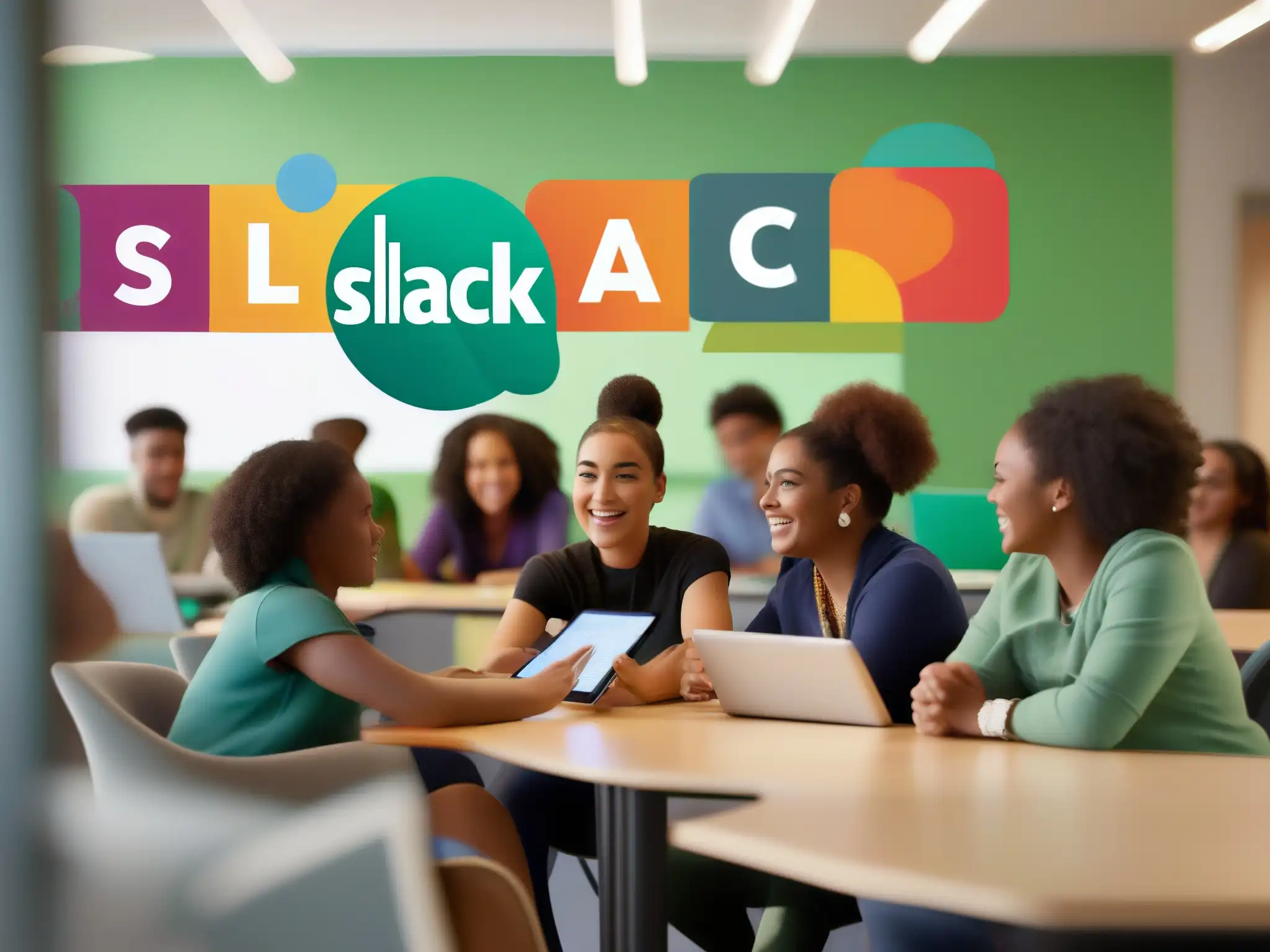 Estudiantes colaboran en aula moderna con Slack Grupo diverso de estudiantes colaborando con tablets y laptops en el aula, integración de Slack en el aula virtual