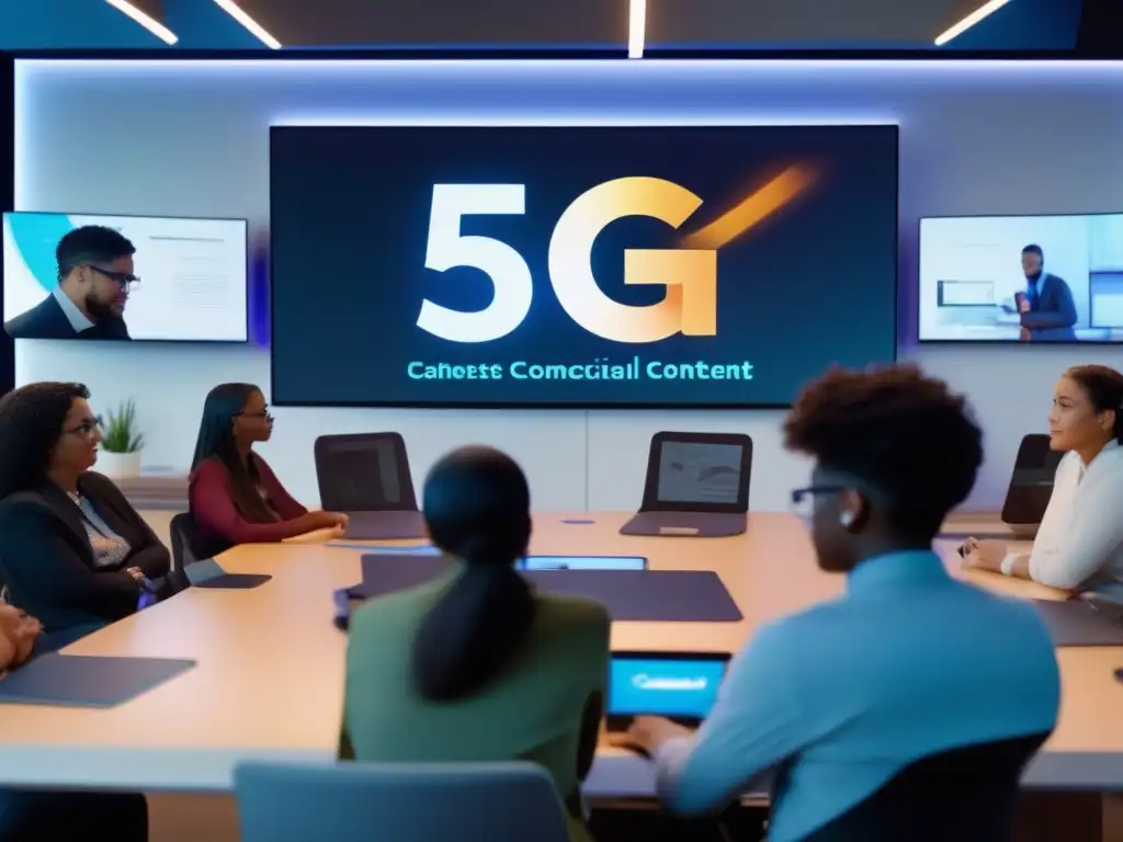 Estudiantes conectados en aula virtual 5G Grupo diverso de estudiantes participando en una clase virtual, con tecnología 5G facilitando la interacción educativa