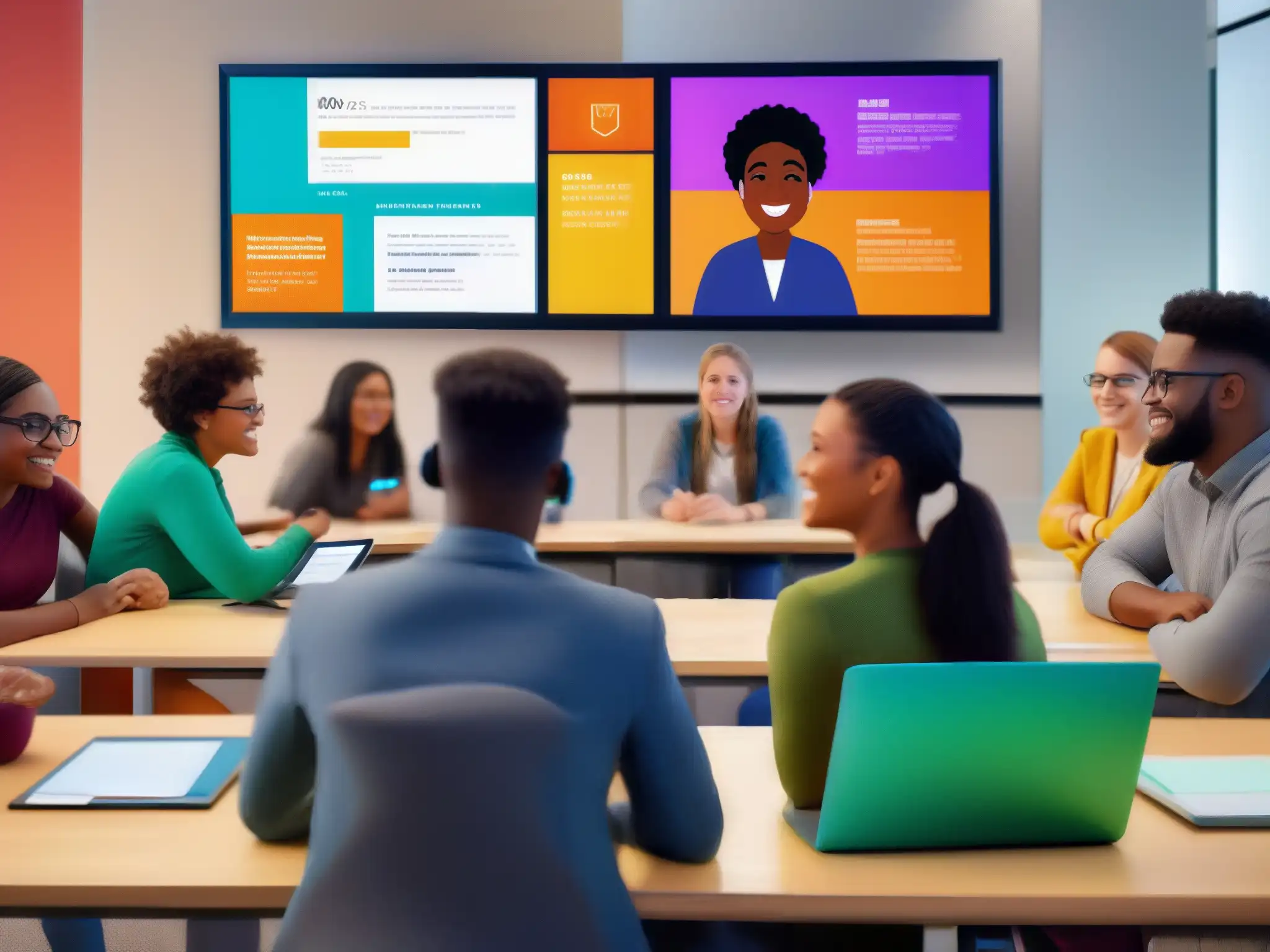 Clase virtual dinámica: estudiantes participativos con tecnología moderna Grupo diverso de estudiantes participando activamente en una clase virtual, con tecnología moderna y herramientas interactivas en pantalla