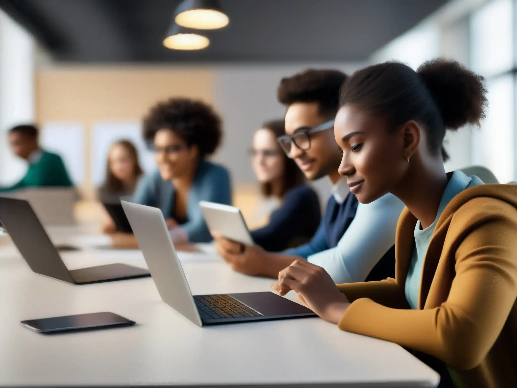 Clase online activa: estudiantes diversos colaboran en tecnología moderna Grupo diverso de estudiantes participando en una clase en línea con tecnología moderna